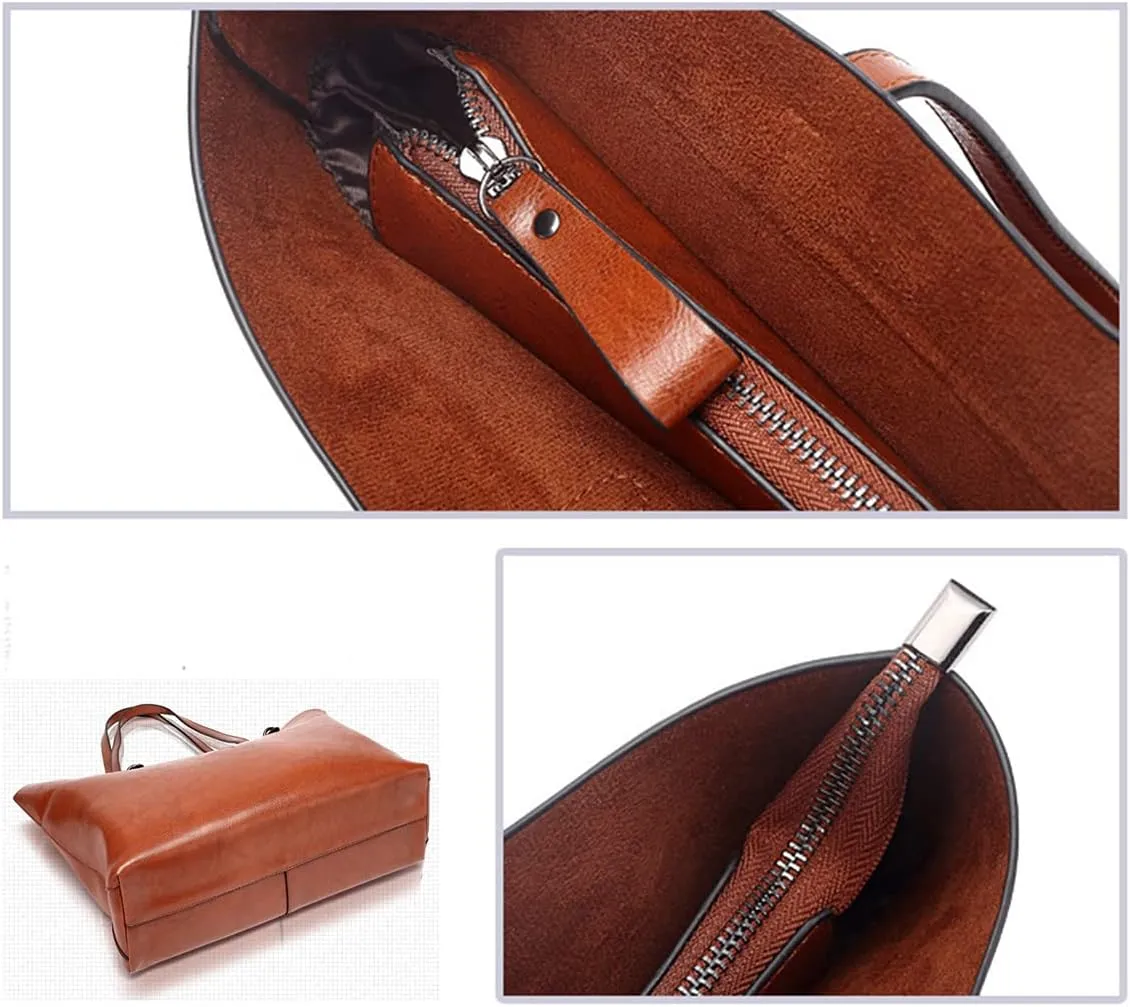 Classic Fashion Genuine Leather Tote Bag for Women - Large Capacity Shoulder Handbag with Zipper Closure