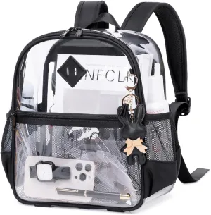 Clear Backpack for Stadium Events Approved 12×6×12, Thick TPU Mini Clear Bag with Front Pocket for Concert Sport Events Work Travel, Black Transparent