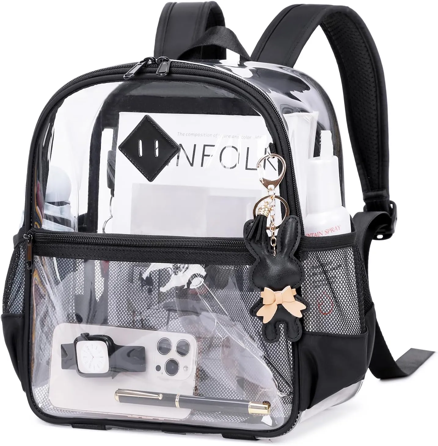 Clear Backpack for Stadium Events Approved 12×6×12, Thick TPU Mini Clear Bag with Front Pocket for Concert Sport Events Work Travel, Black Transparent