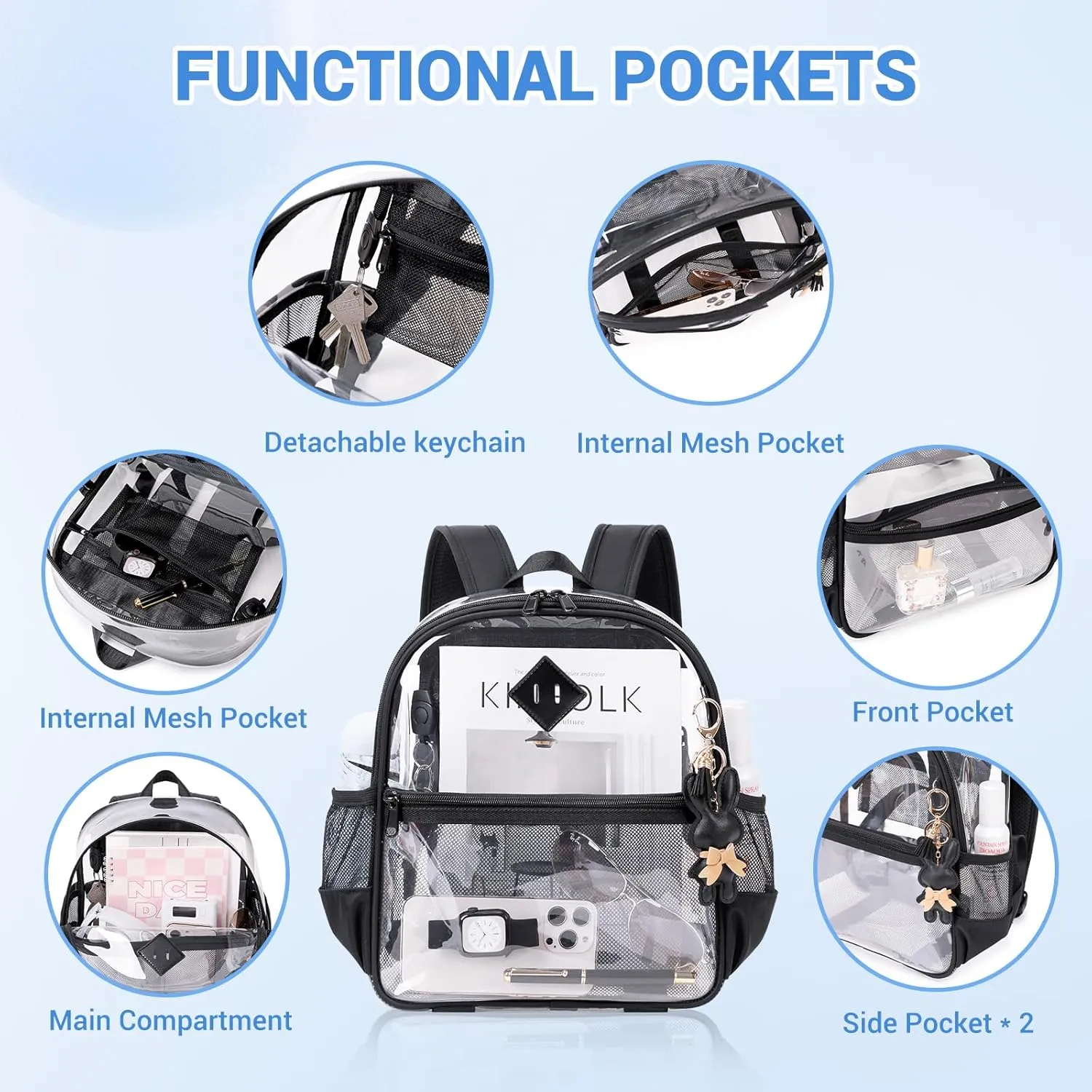 Clear Backpack for Stadium Events Approved 12×6×12, Thick TPU Mini Clear Bag with Front Pocket for Concert Sport Events Work Travel, Black Transparent
