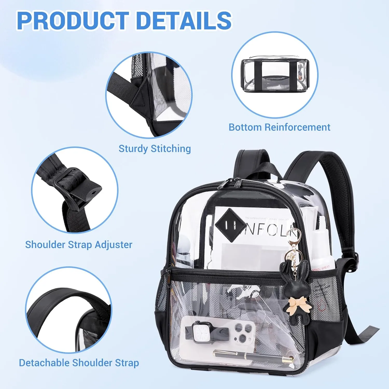 Clear Backpack for Stadium Events Approved 12×6×12, Thick TPU Mini Clear Bag with Front Pocket for Concert Sport Events Work Travel, Black Transparent