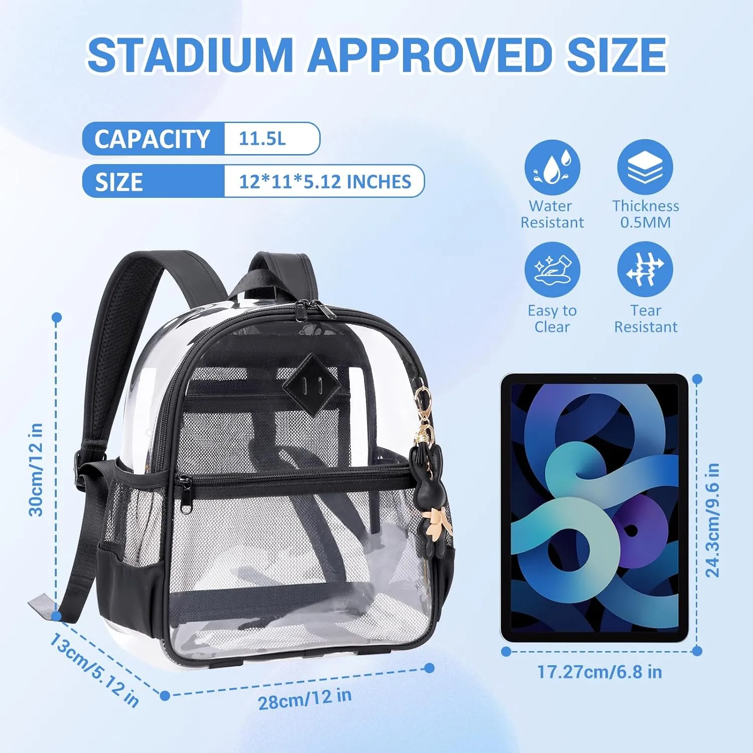 Clear Backpack for Stadium Events Approved 12×6×12, Thick TPU Mini Clear Bag with Front Pocket for Concert Sport Events Work Travel, Black Transparent