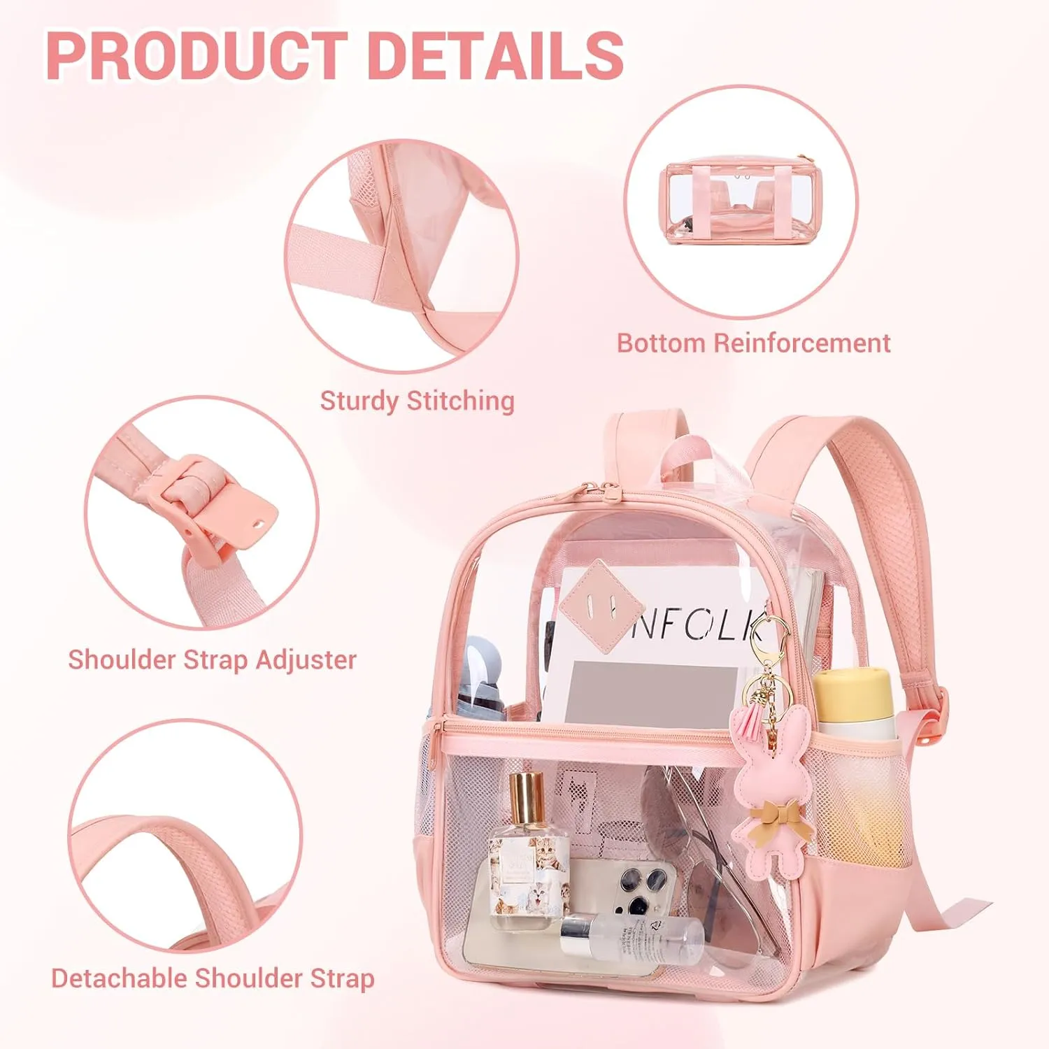 Clear Backpack for Stadium Events Approved 12×6×12, Thick TPU Mini Clear Bag with Front Pocket for Concert Sport Events Work Travel, Pink