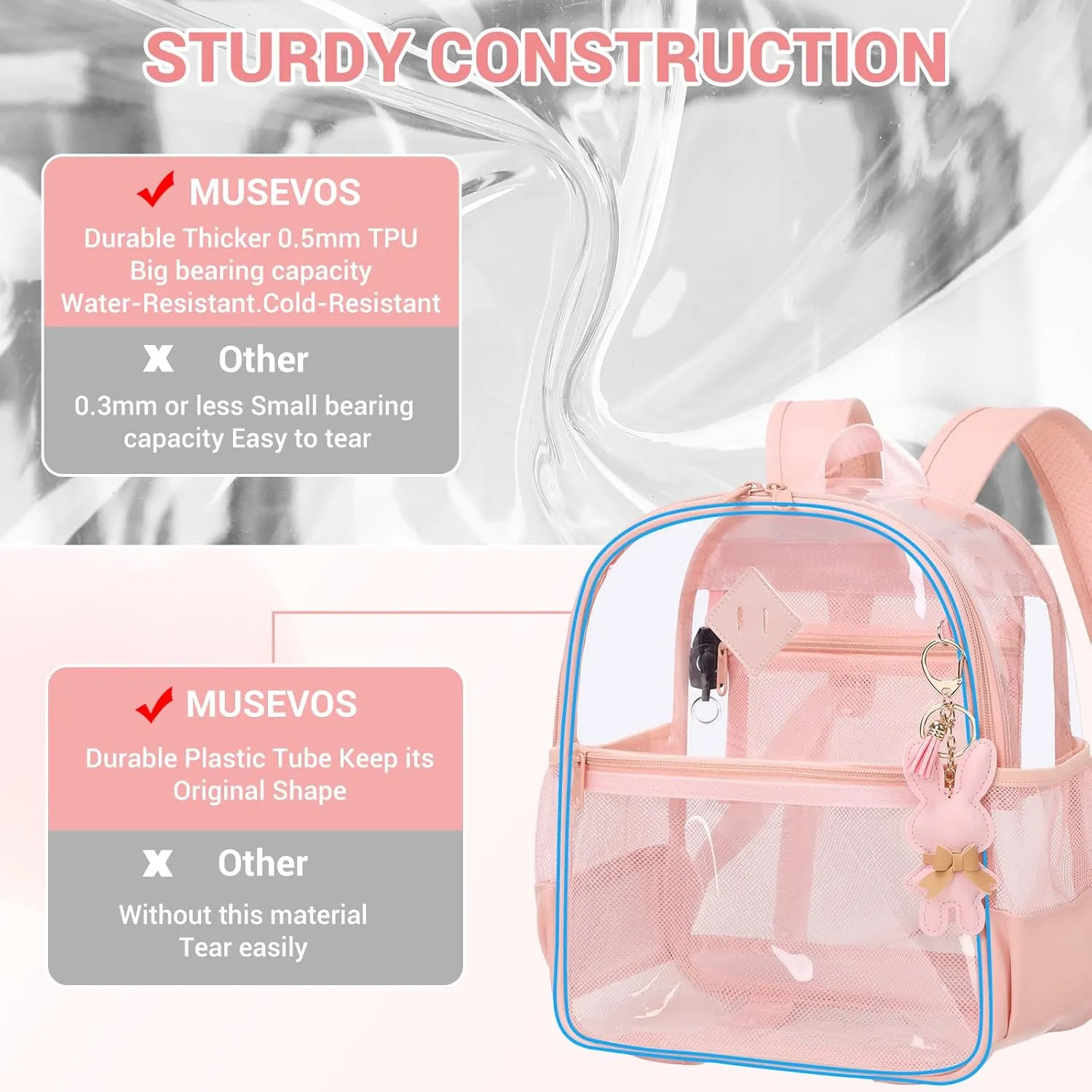Clear Backpack for Stadium Events Approved 12×6×12, Thick TPU Mini Clear Bag with Front Pocket for Concert Sport Events Work Travel, Pink