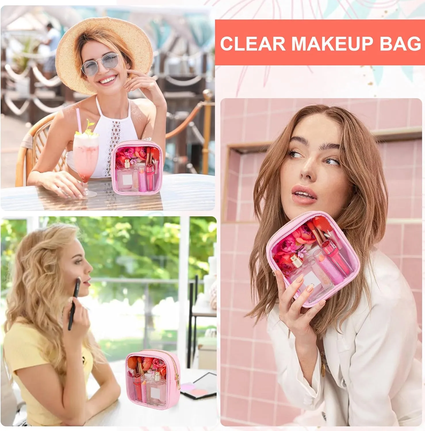 Clear Makeup Bag for Purse 2 Pcs Small Nylon Zipper Pouch Mini Travel Cosmetic Bag Clear Toiletry Bags for Traveling Cute Makeup Organizer for Women (1pc pink clear   1pc pink nylon)