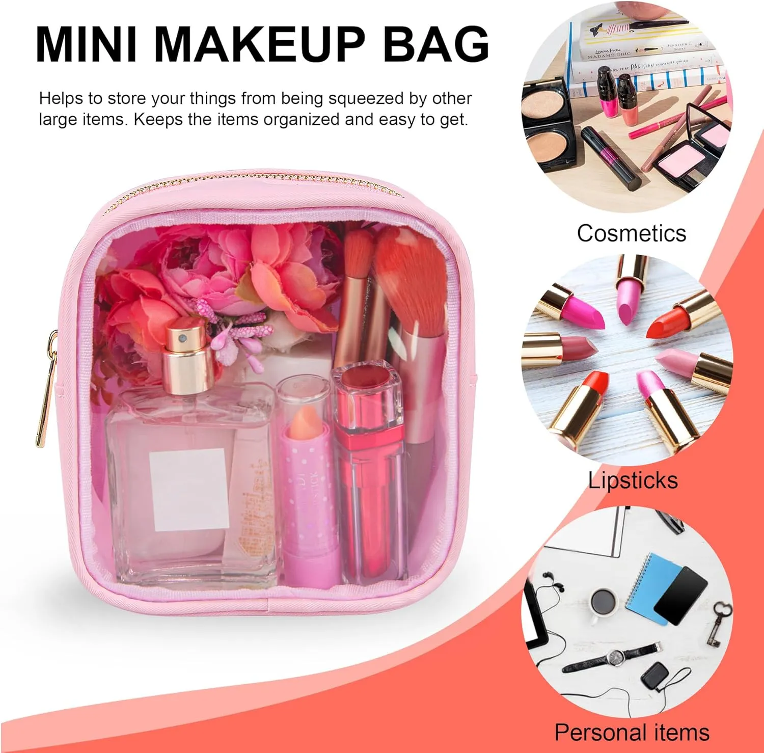 Clear Makeup Bag for Purse 2 Pcs Small Nylon Zipper Pouch Mini Travel Cosmetic Bag Clear Toiletry Bags for Traveling Cute Makeup Organizer for Women (1pc pink clear   1pc pink nylon)