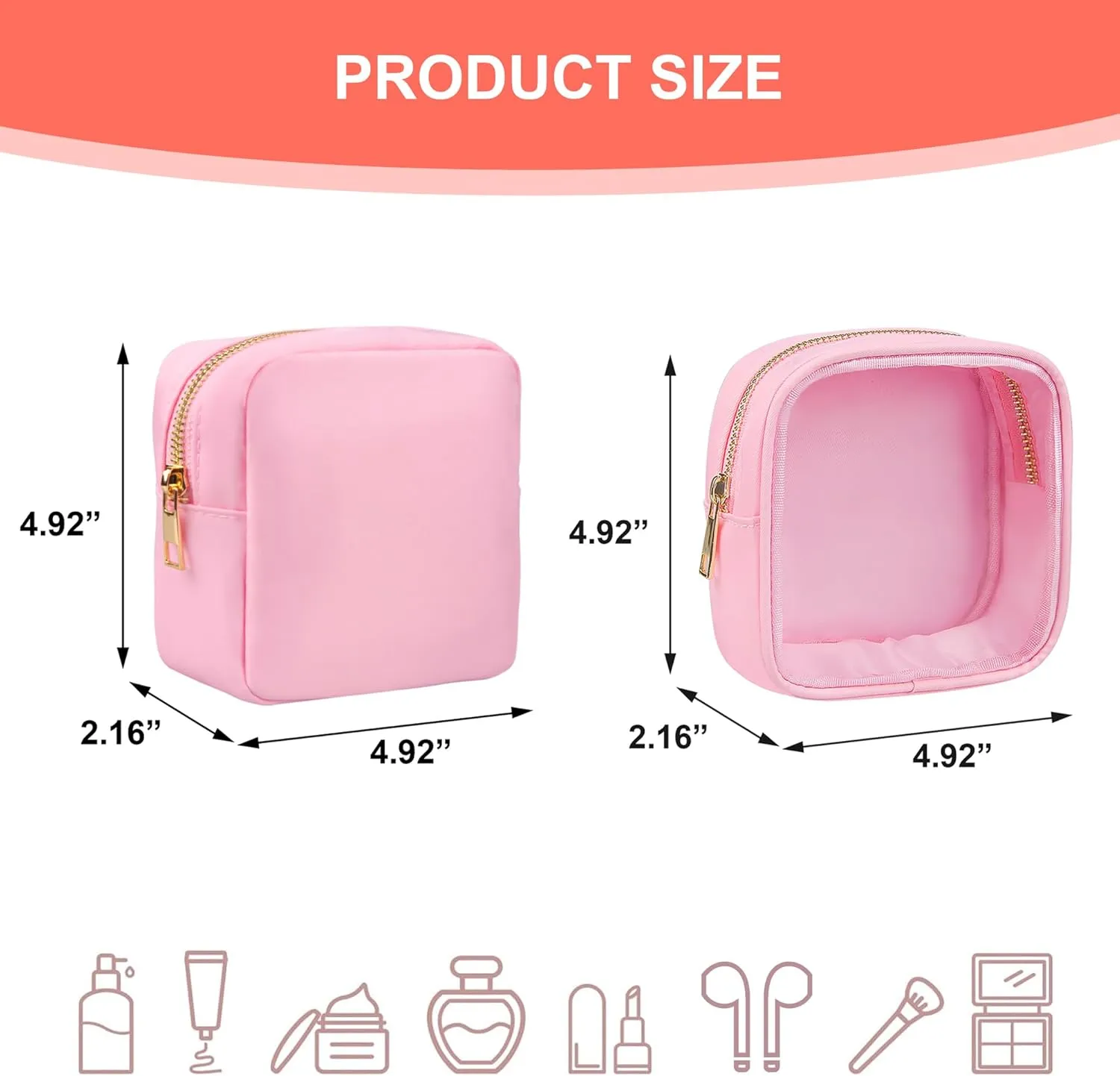 Clear Makeup Bag for Purse 2 Pcs Small Nylon Zipper Pouch Mini Travel Cosmetic Bag Clear Toiletry Bags for Traveling Cute Makeup Organizer for Women (1pc pink clear   1pc pink nylon)