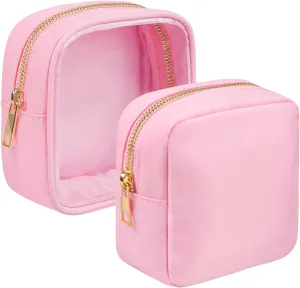 Clear Makeup Bag for Purse 2 Pcs Small Nylon Zipper Pouch Mini Travel Cosmetic Bag Clear Toiletry Bags for Traveling Cute Makeup Organizer for Women (1pc pink clear   1pc pink nylon)