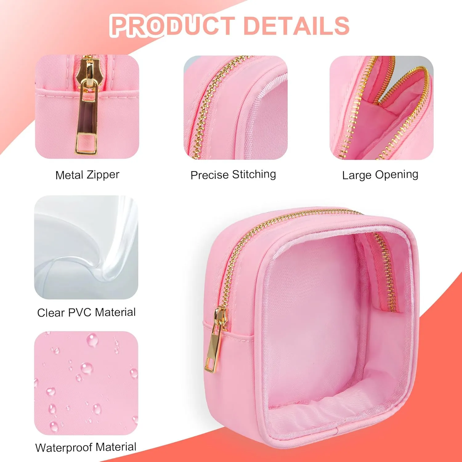 Clear Makeup Bag for Purse 2 Pcs Small Nylon Zipper Pouch Mini Travel Cosmetic Bag Clear Toiletry Bags for Traveling Cute Makeup Organizer for Women (1pc pink clear   1pc pink nylon)