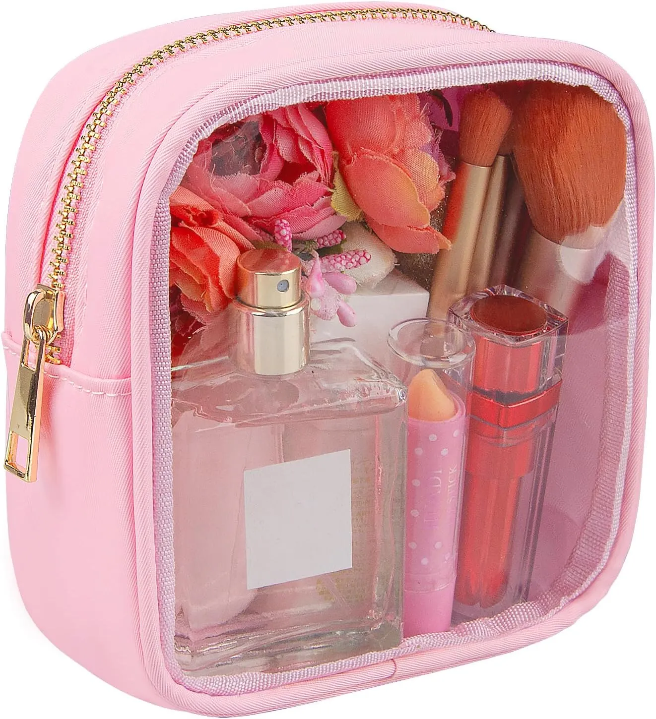 Clear Makeup Bag for Purse 2 Pcs Small Nylon Zipper Pouch Mini Travel Cosmetic Bag Clear Toiletry Bags for Traveling Cute Makeup Organizer for Women (1pc pink clear   1pc pink nylon)
