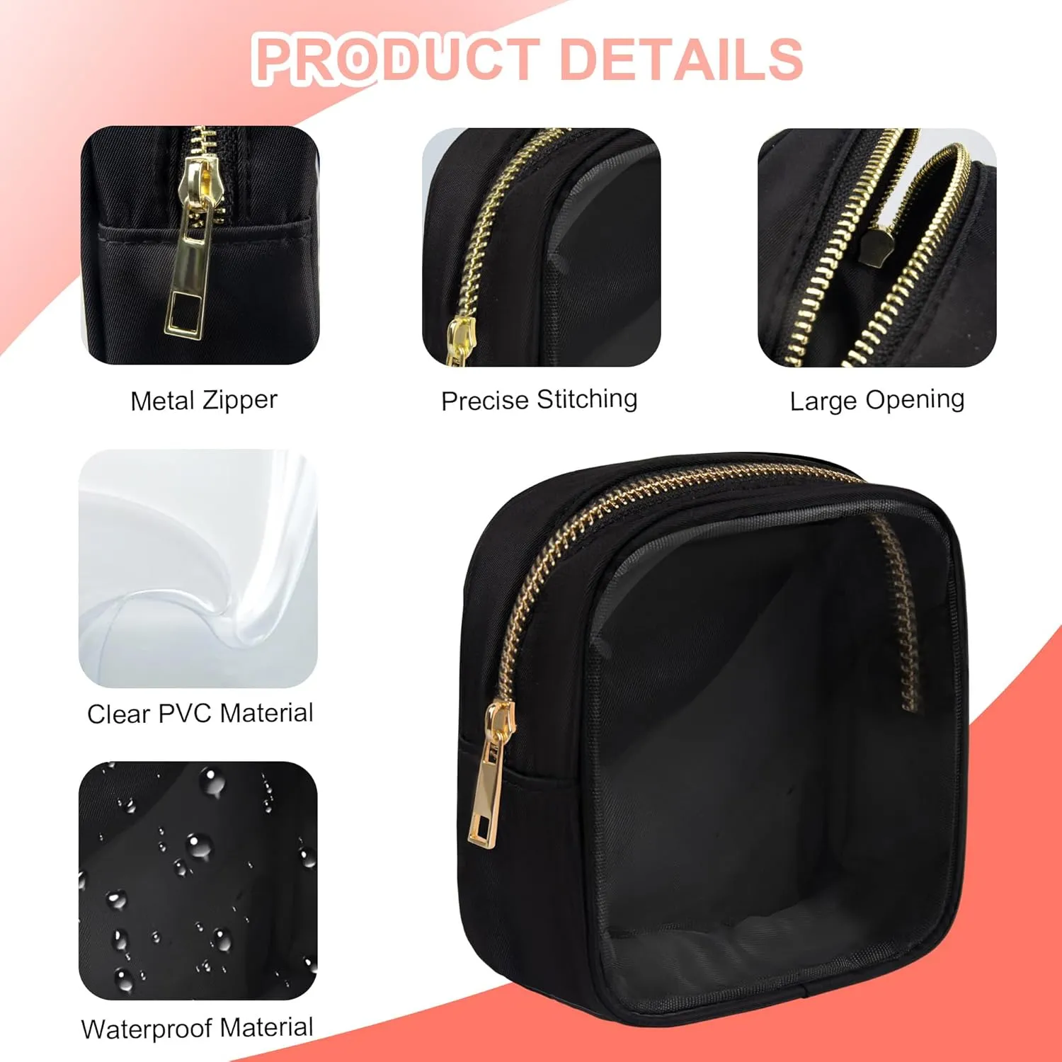 Clear Makeup Bag for Purse 2 Pcs Small Nylon Zipper Pouch Mini Travel Cosmetic Bag Clear Toiletry Bags for Traveling Cute Makeup Organizer for Women (2pcs black clear)