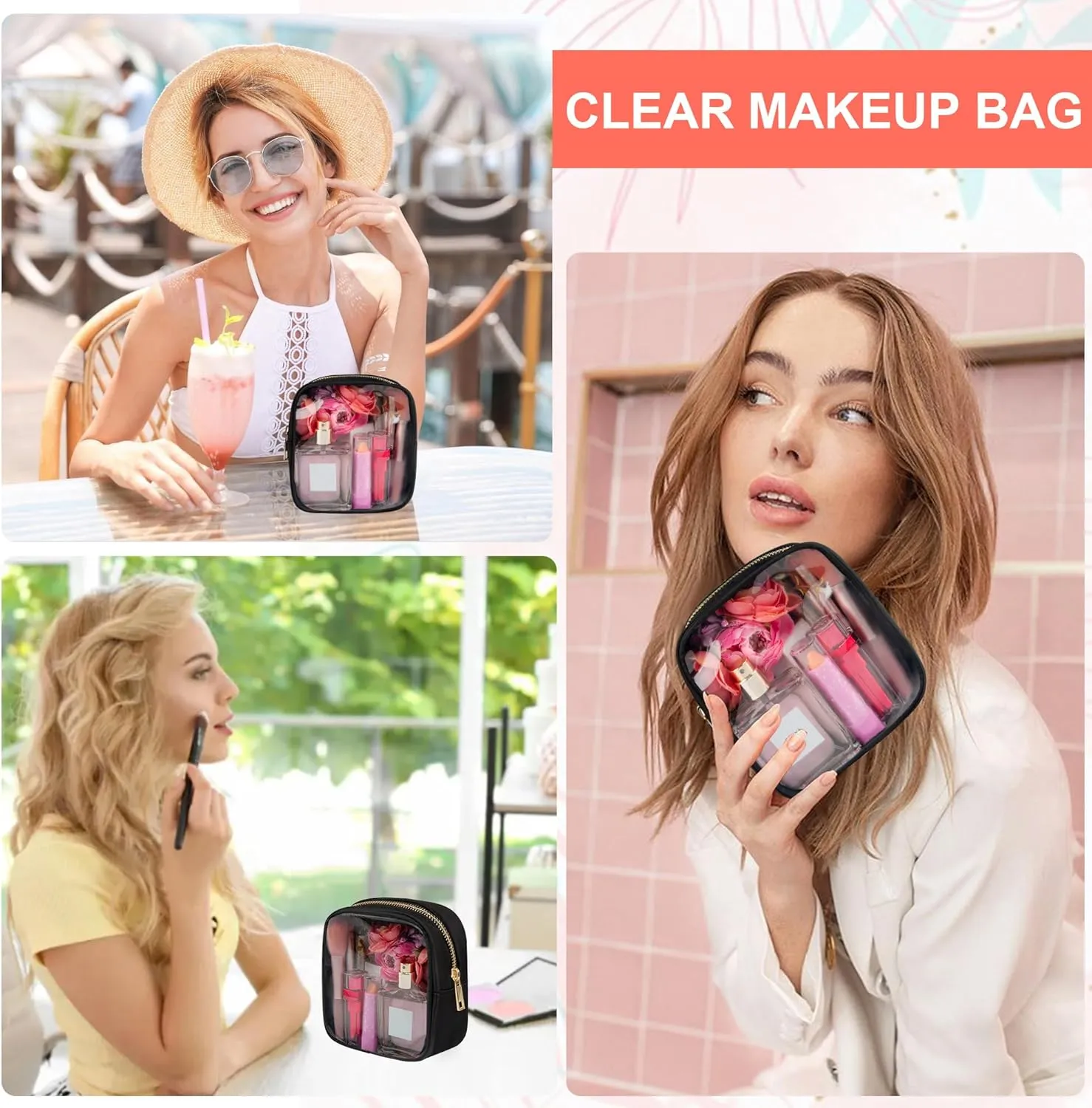 Clear Makeup Bag for Purse 2 Pcs Small Nylon Zipper Pouch Mini Travel Cosmetic Bag Clear Toiletry Bags for Traveling Cute Makeup Organizer for Women (2pcs black clear)