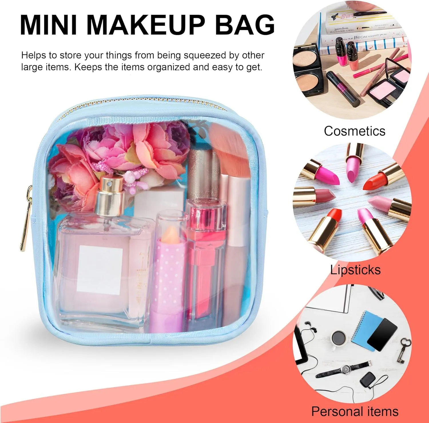 Clear Makeup Bag for Purse 2 Pcs Small Nylon Zipper Pouch Mini Travel Cosmetic Bag Clear Toiletry Bags for Traveling Cute Makeup Organizer for Women (2pcs blue clear)