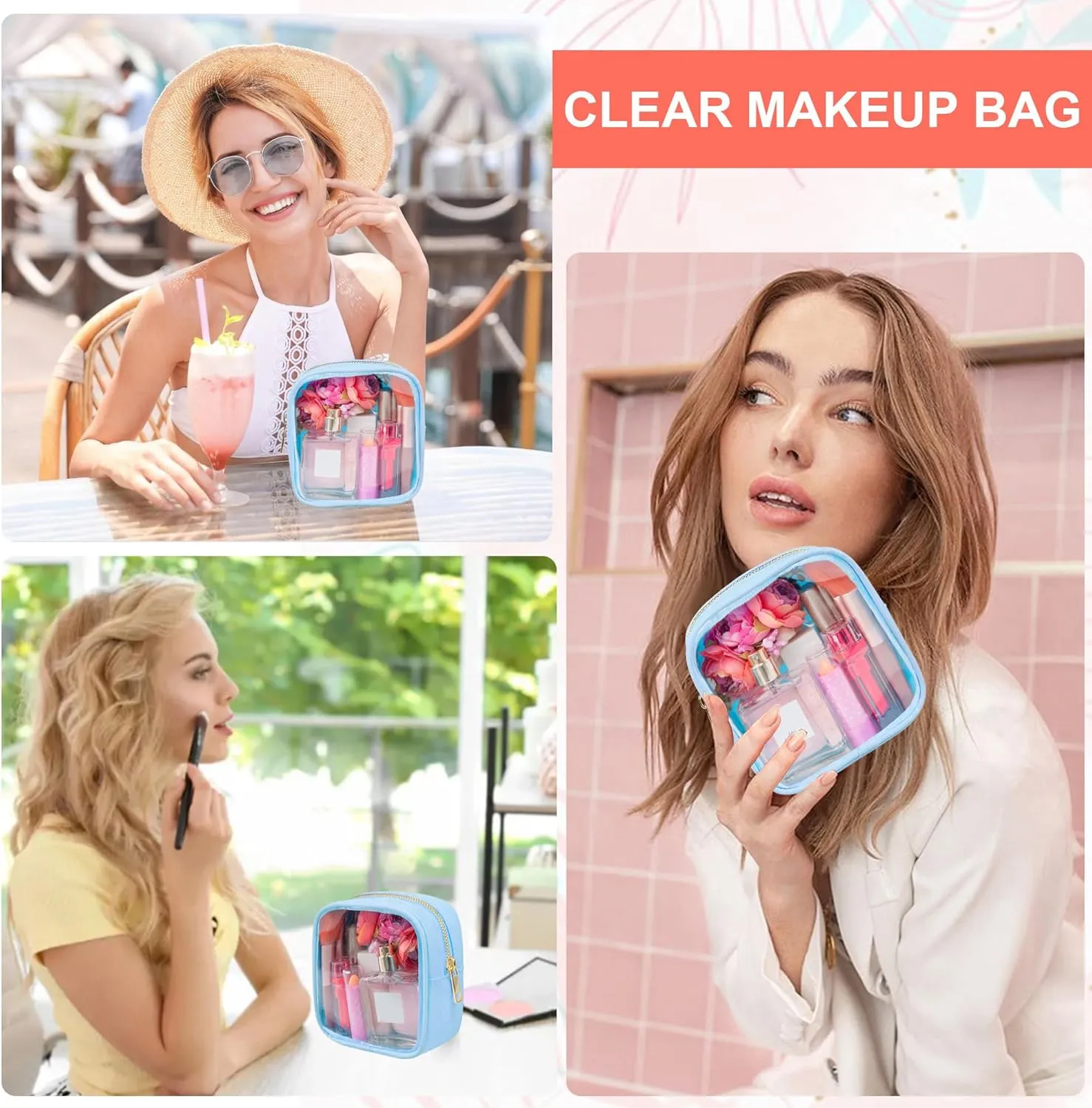 Clear Makeup Bag for Purse 2 Pcs Small Nylon Zipper Pouch Mini Travel Cosmetic Bag Clear Toiletry Bags for Traveling Cute Makeup Organizer for Women (2pcs blue clear)
