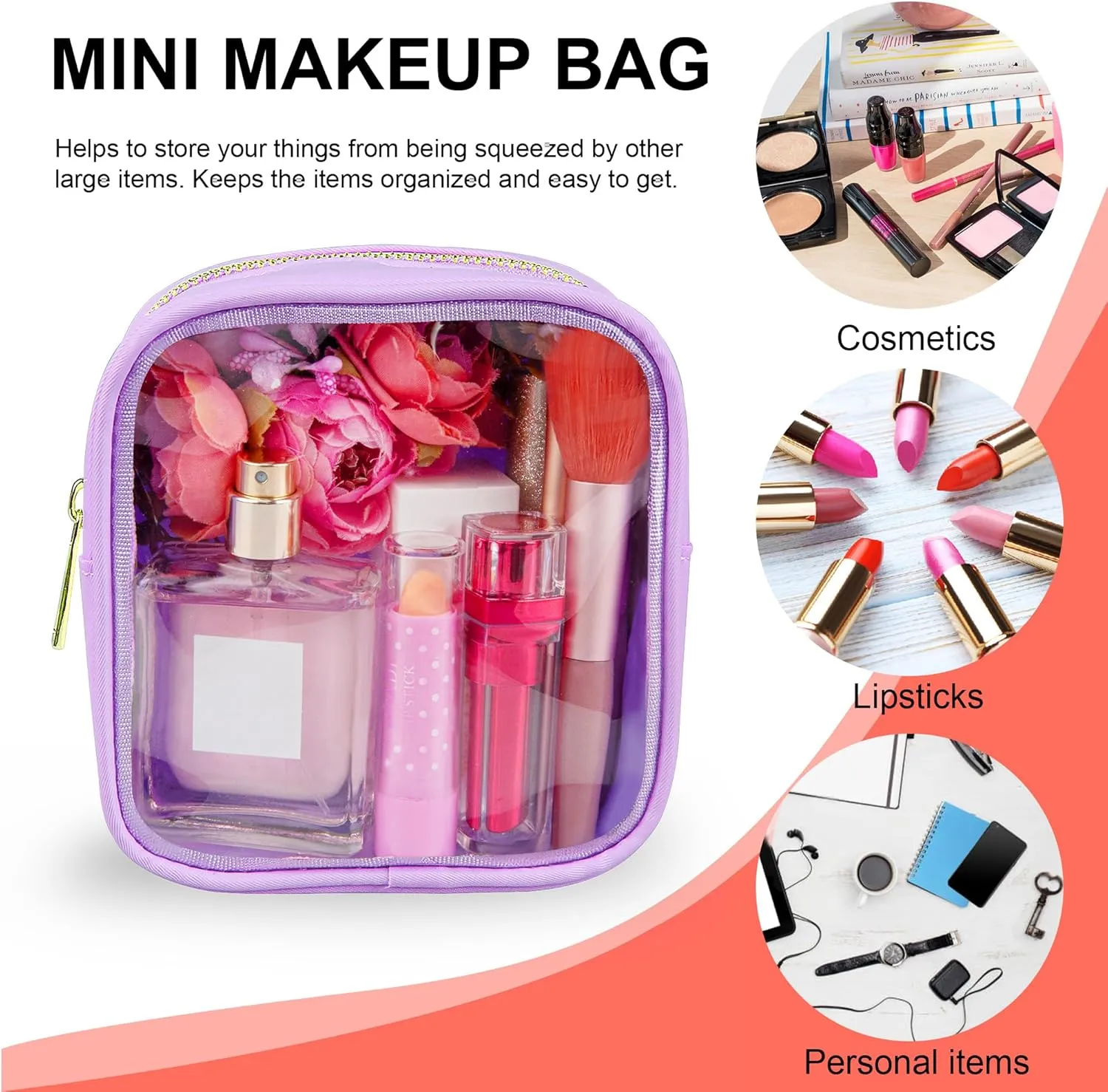 Clear Makeup Bag for Purse 2 Pcs Small Nylon Zipper Pouch Mini Travel Cosmetic Bag Clear Toiletry Bags for Traveling Cute Makeup Organizer for Women (2pcs purple clear)