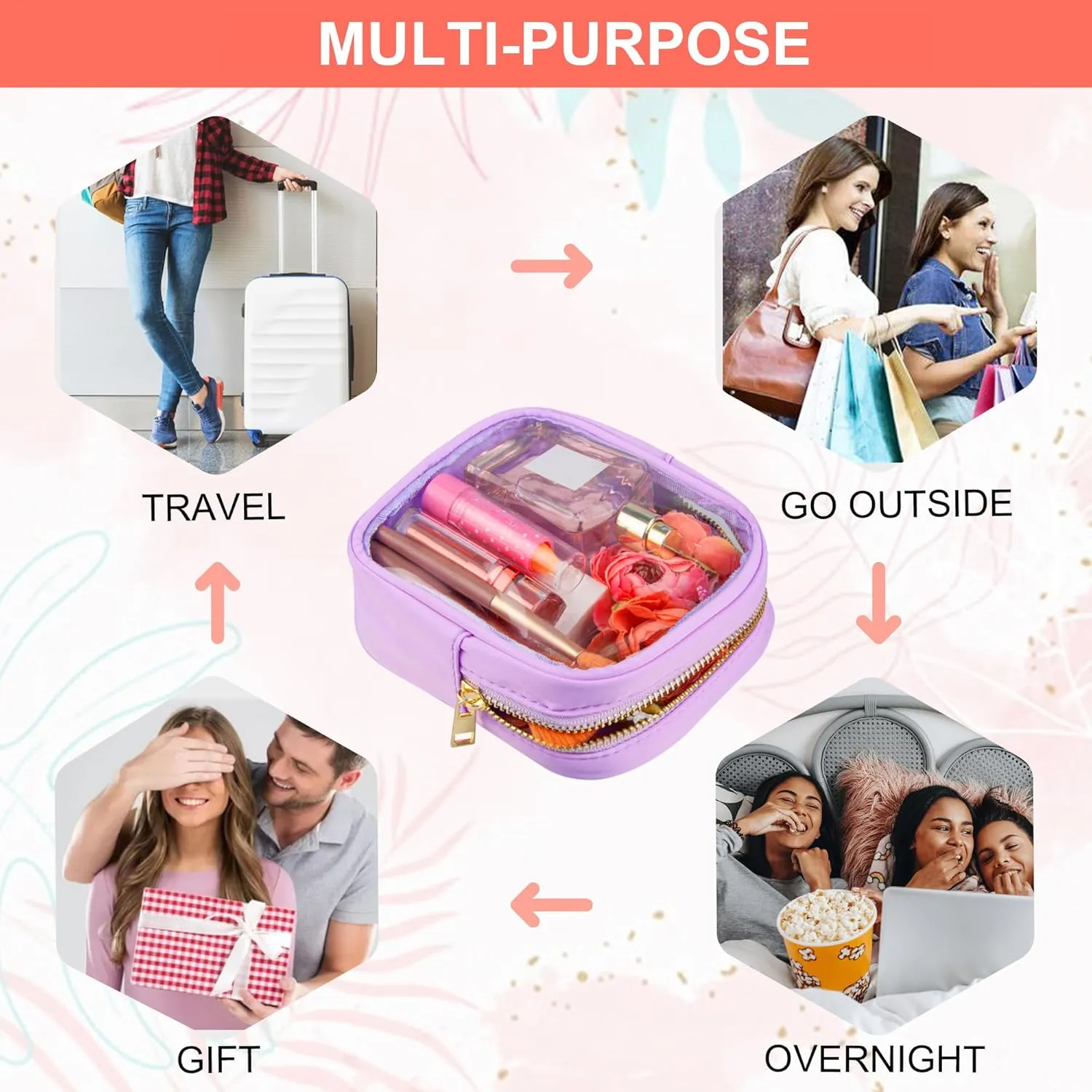 Clear Makeup Bag for Purse 2 Pcs Small Nylon Zipper Pouch Mini Travel Cosmetic Bag Clear Toiletry Bags for Traveling Cute Makeup Organizer for Women (2pcs purple clear)