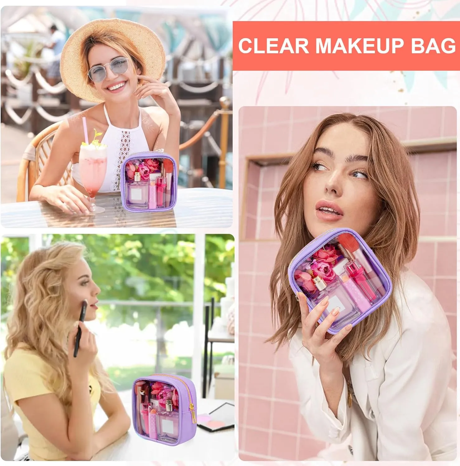Clear Makeup Bag for Purse 2 Pcs Small Nylon Zipper Pouch Mini Travel Cosmetic Bag Clear Toiletry Bags for Traveling Cute Makeup Organizer for Women (2pcs purple clear)