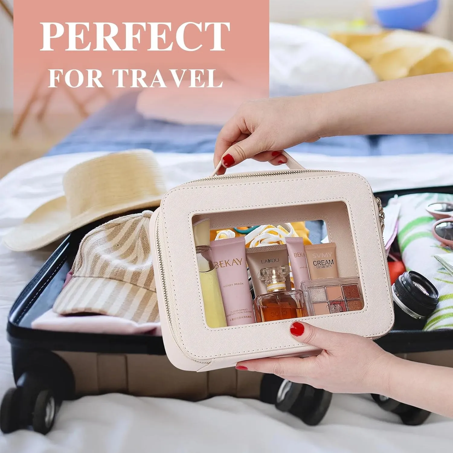 Clear Makeup Bag for Women Waterproof Travel Cosmetics and Toiletries Case Portable Makeup Oaganizer Bag Clear Car Bag with Zipper (Beige, L-1)