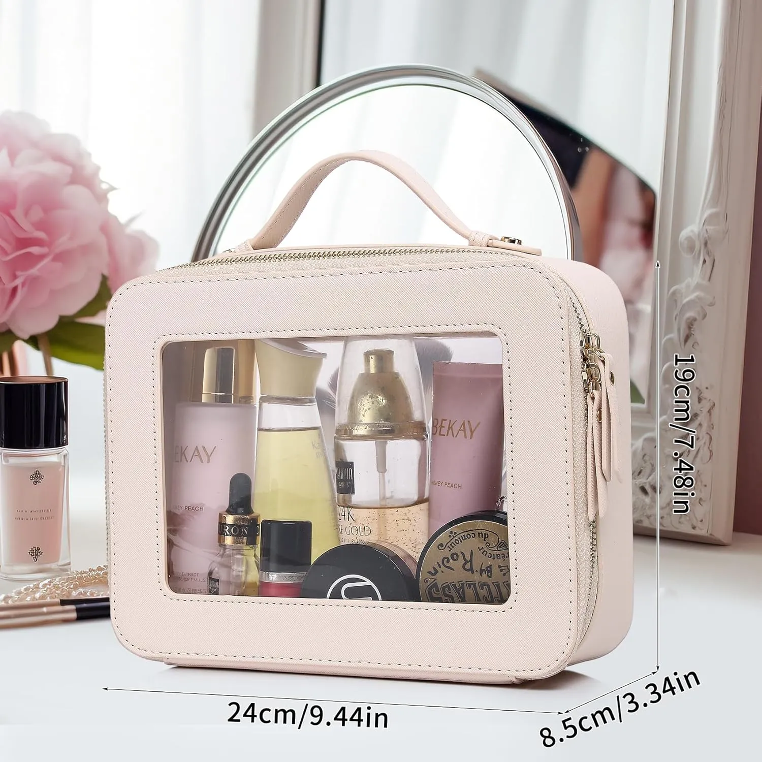 Clear Makeup Bag for Women Waterproof Travel Cosmetics and Toiletries Case Portable Makeup Oaganizer Bag Clear Car Bag with Zipper (Beige, L-1)