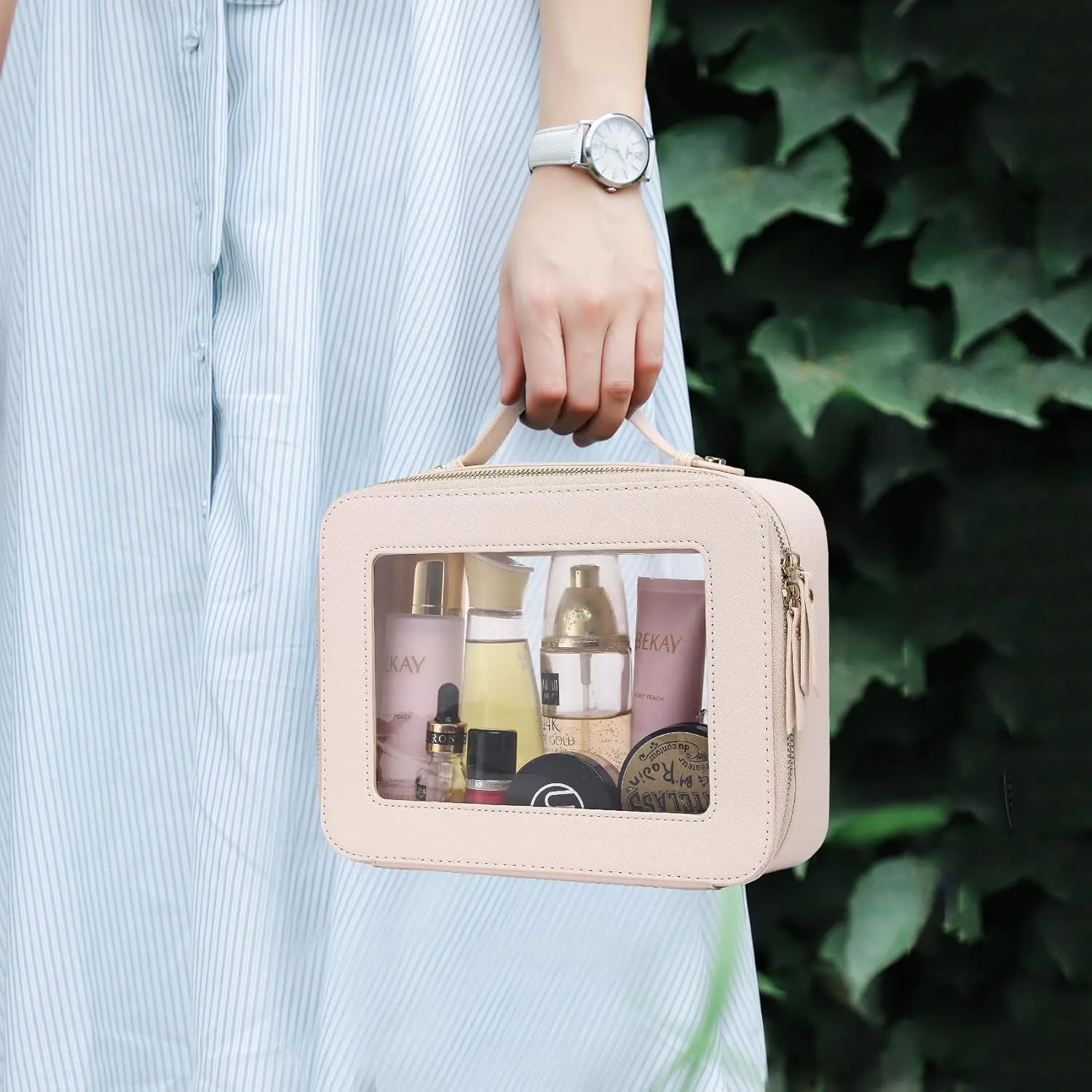 Clear Makeup Bag for Women Waterproof Travel Cosmetics and Toiletries Case Portable Makeup Oaganizer Bag Clear Car Bag with Zipper (Beige, L-1)