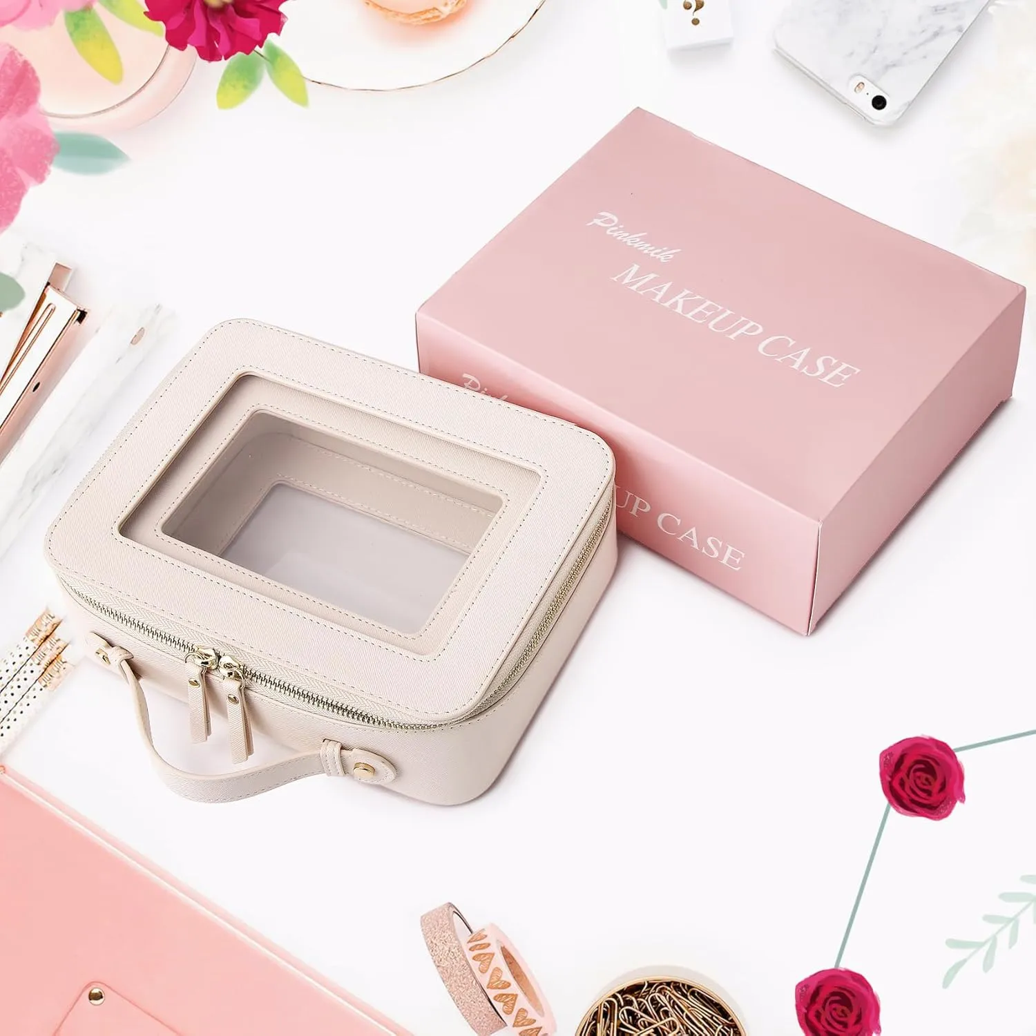 Clear Makeup Bag for Women Waterproof Travel Cosmetics and Toiletries Case Portable Makeup Oaganizer Bag Clear Car Bag with Zipper (Beige, L-1)