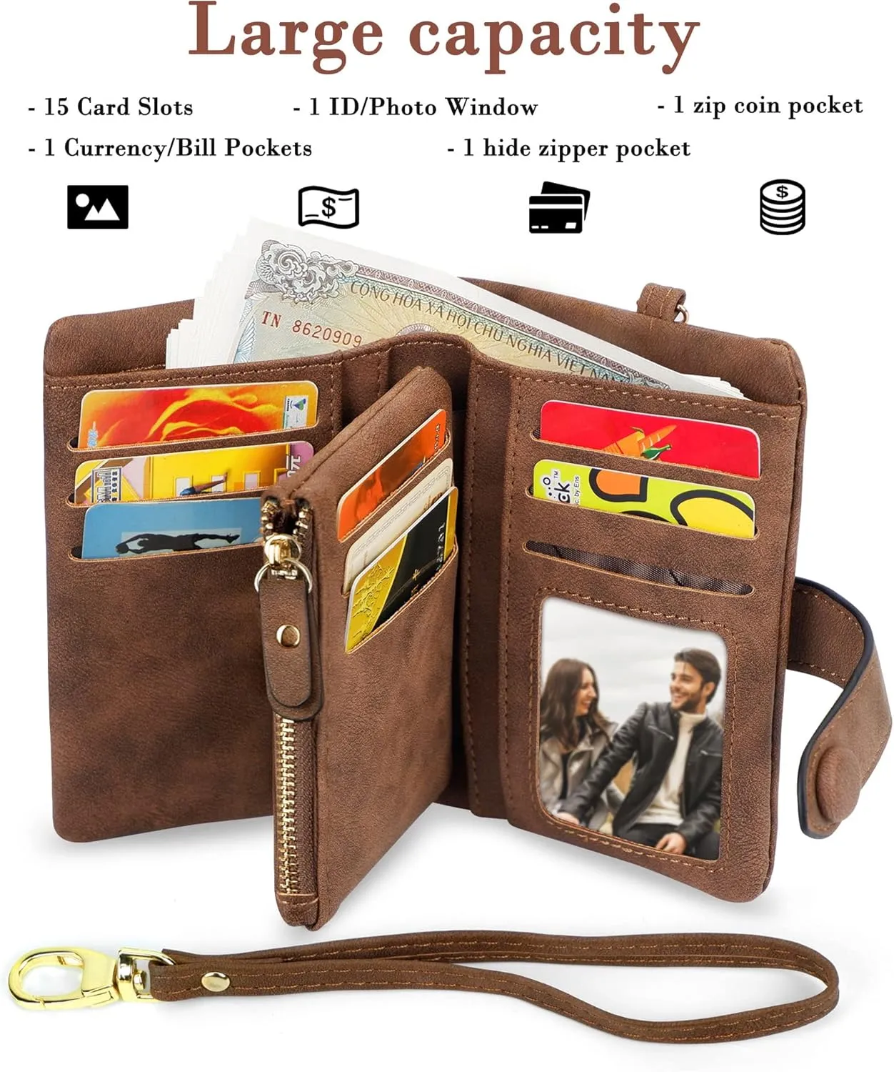 CONISY Small Wristlet Wallets for Women, Leather Bifold RFID Wallet with ID Window Zipper Coin Purse