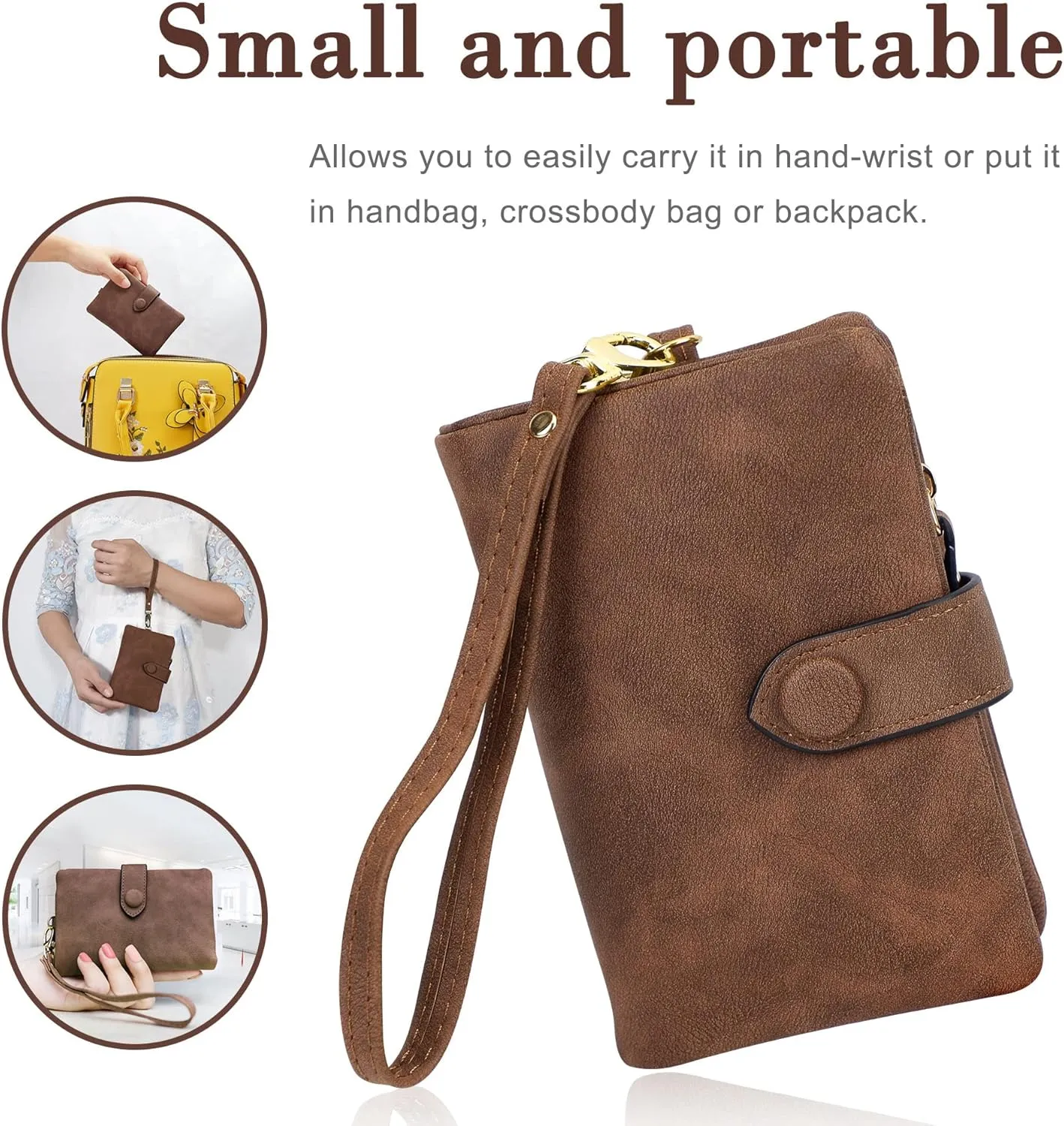 CONISY Small Wristlet Wallets for Women, Leather Bifold RFID Wallet with ID Window Zipper Coin Purse