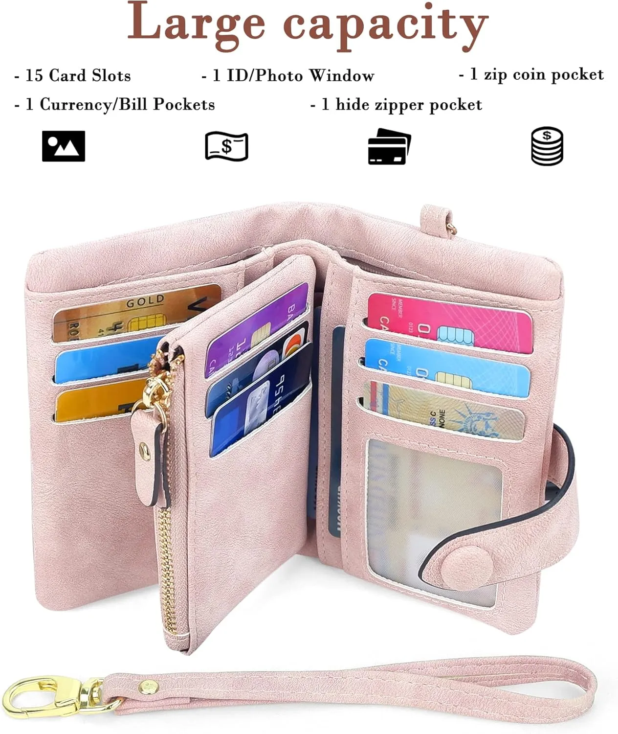 CONISY Small Wristlet Wallets for Women, Leather Bifold RFID Wallet with ID Window Zipper Coin Purse