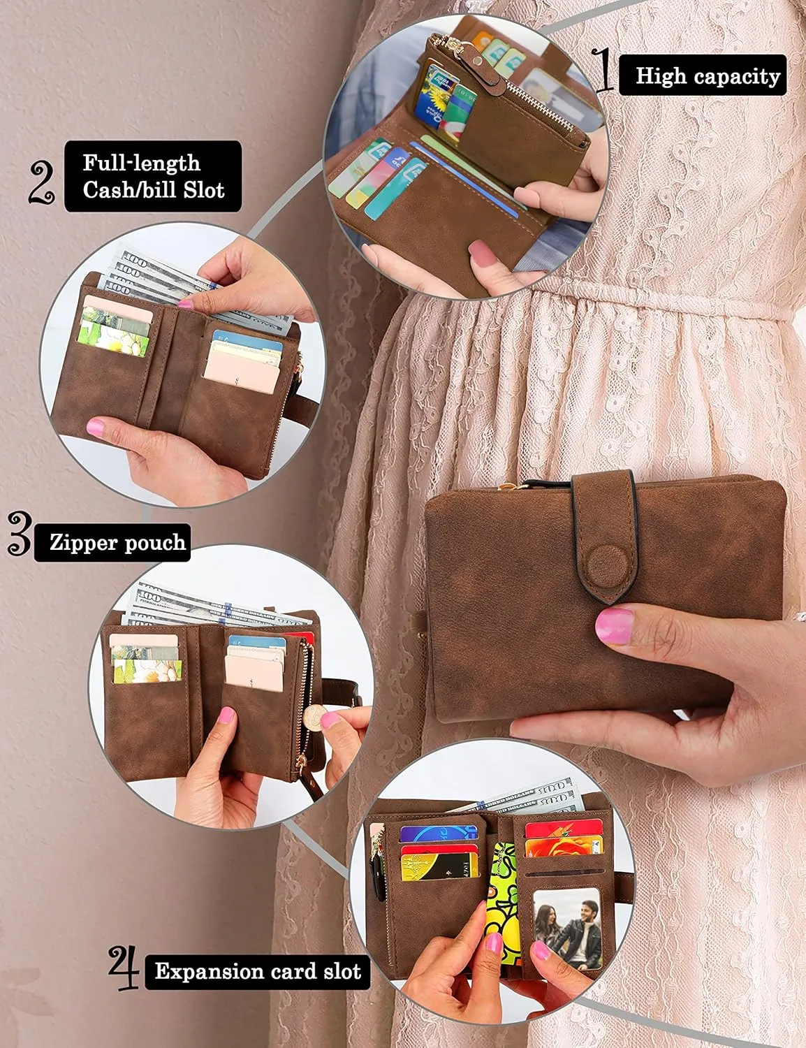CONISY Small Wristlet Wallets for Women, Leather Bifold RFID Wallet with ID Window Zipper Coin Purse