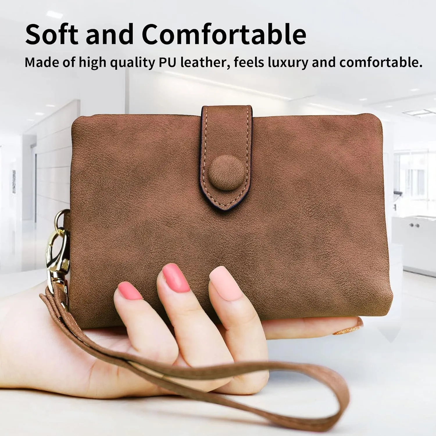 CONISY Small Wristlet Wallets for Women, Leather Bifold RFID Wallet with ID Window Zipper Coin Purse