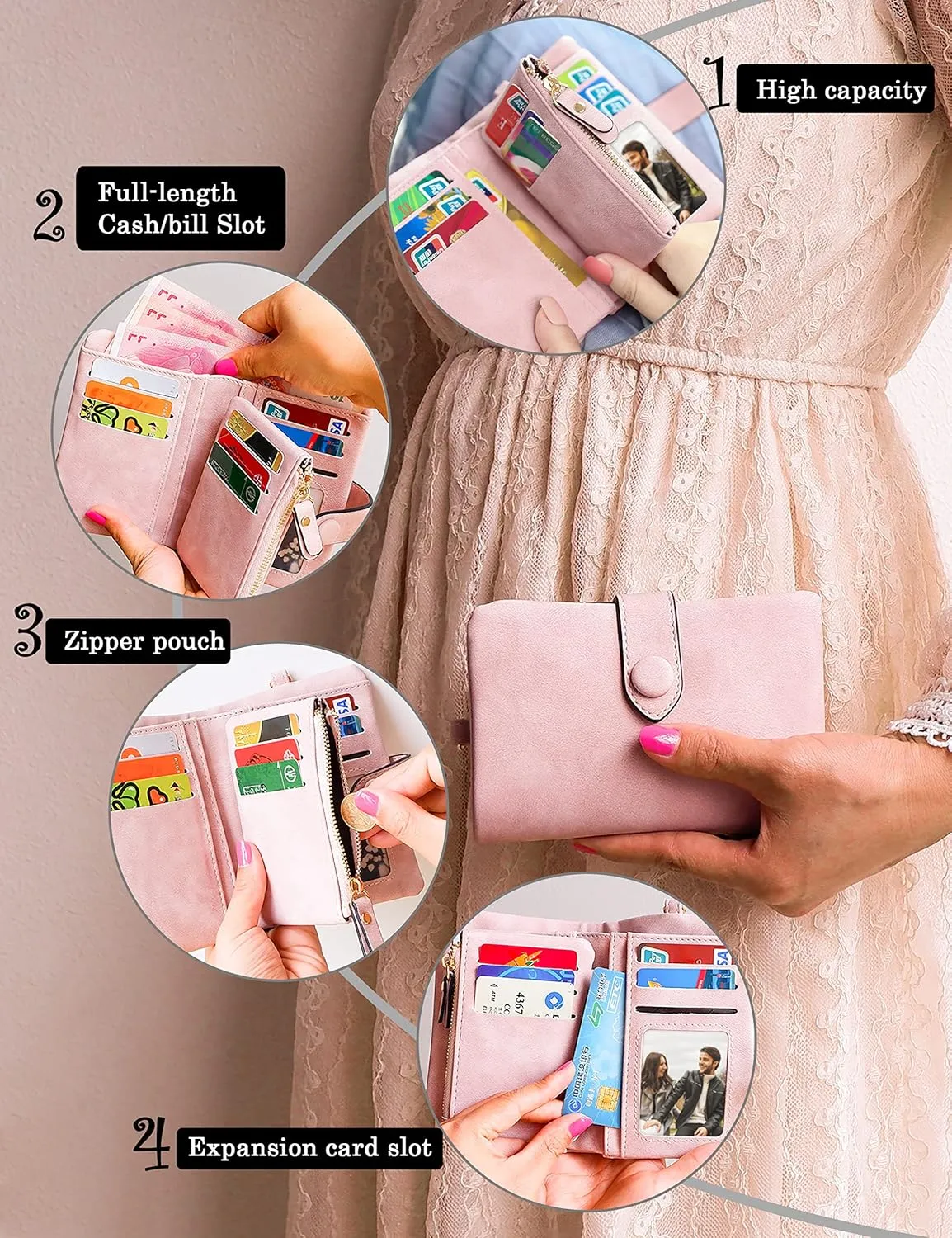 CONISY Small Wristlet Wallets for Women, Leather Bifold RFID Wallet with ID Window Zipper Coin Purse