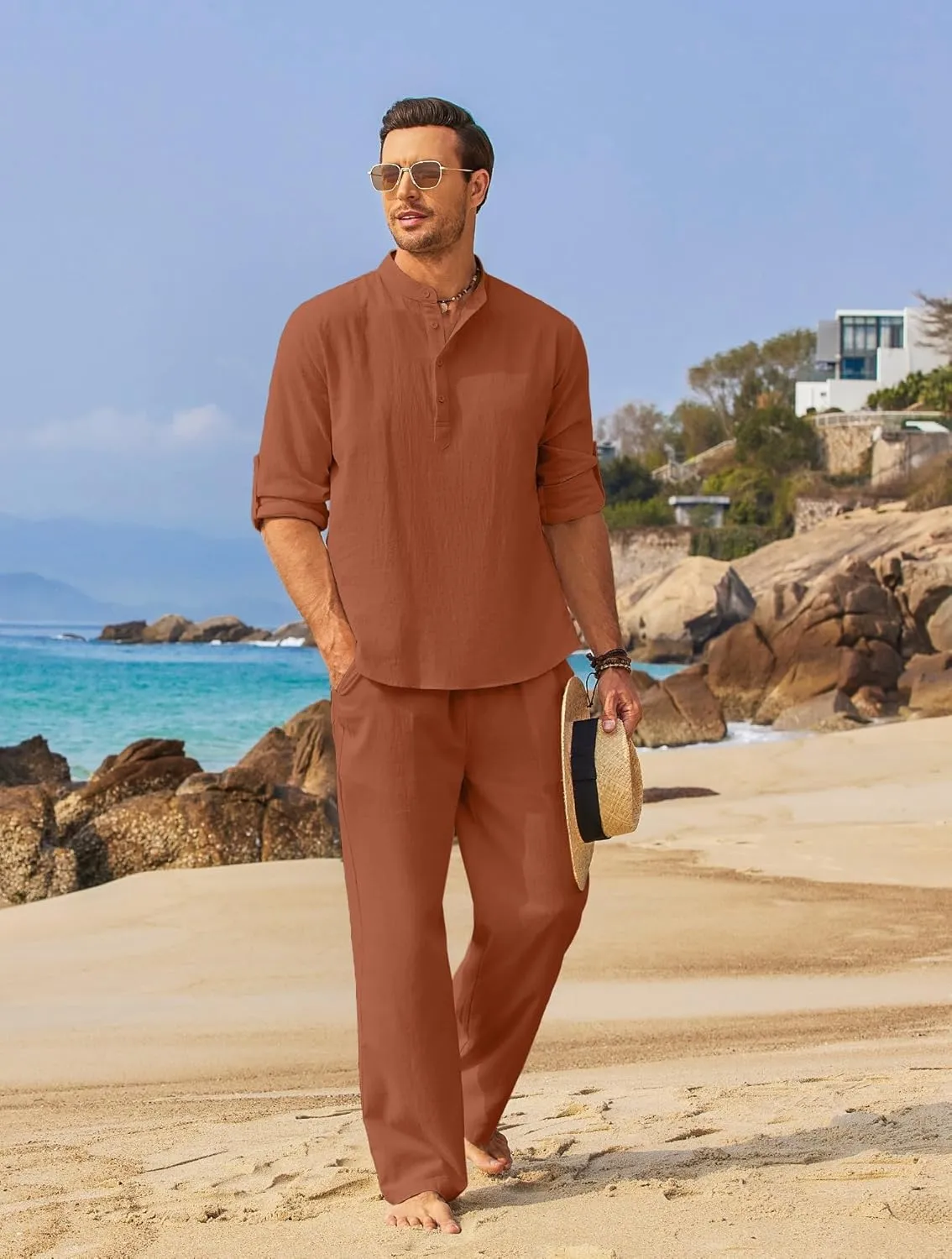COOFANDY Men's 2 Pieces Cotton Linen Set Long Sleeve Henley Shirts Casual Beach Pants With Pockets Summer Yoga Outfits