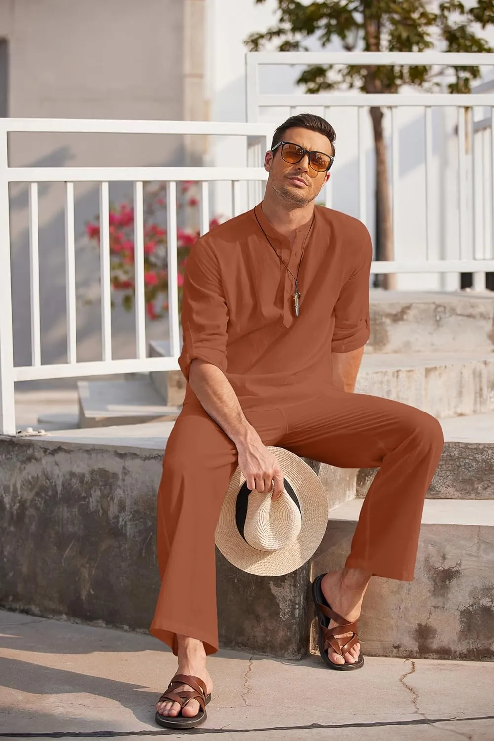 COOFANDY Men's 2 Pieces Cotton Linen Set Long Sleeve Henley Shirts Casual Beach Pants With Pockets Summer Yoga Outfits