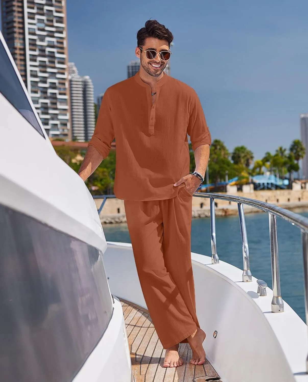 COOFANDY Men's 2 Pieces Cotton Linen Set Long Sleeve Henley Shirts Casual Beach Pants With Pockets Summer Yoga Outfits