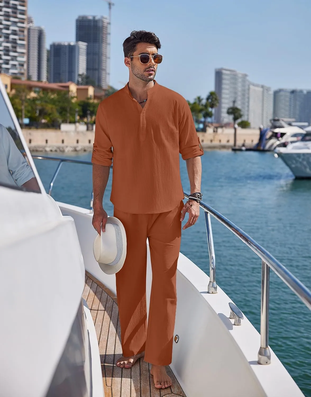 COOFANDY Men's 2 Pieces Cotton Linen Set Long Sleeve Henley Shirts Casual Beach Pants With Pockets Summer Yoga Outfits