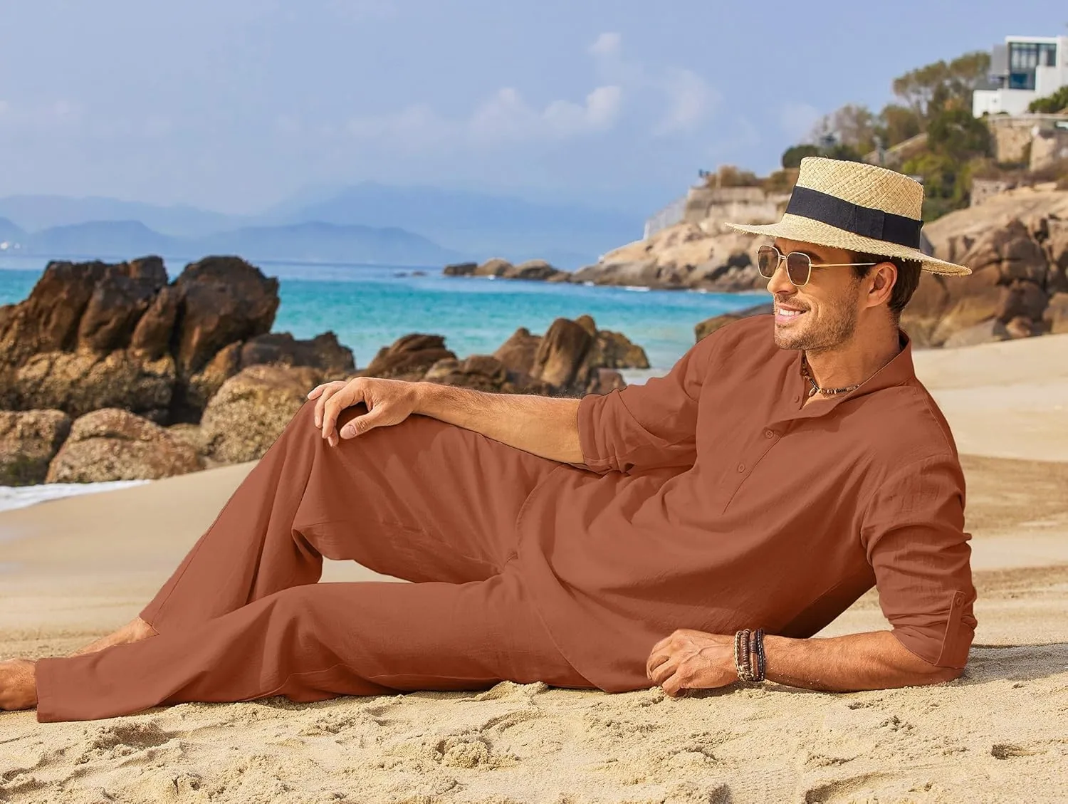 COOFANDY Men's 2 Pieces Cotton Linen Set Long Sleeve Henley Shirts Casual Beach Pants With Pockets Summer Yoga Outfits