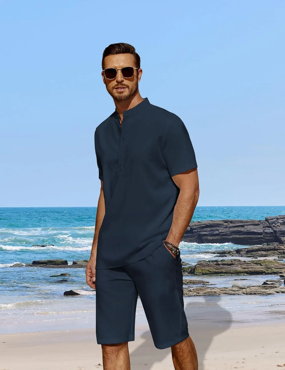 COOFANDY Men's 2 Pieces Linen Set Casual Henley Shirts Short Sleeve Beach Yoga Shorts Summer Pants Outfits