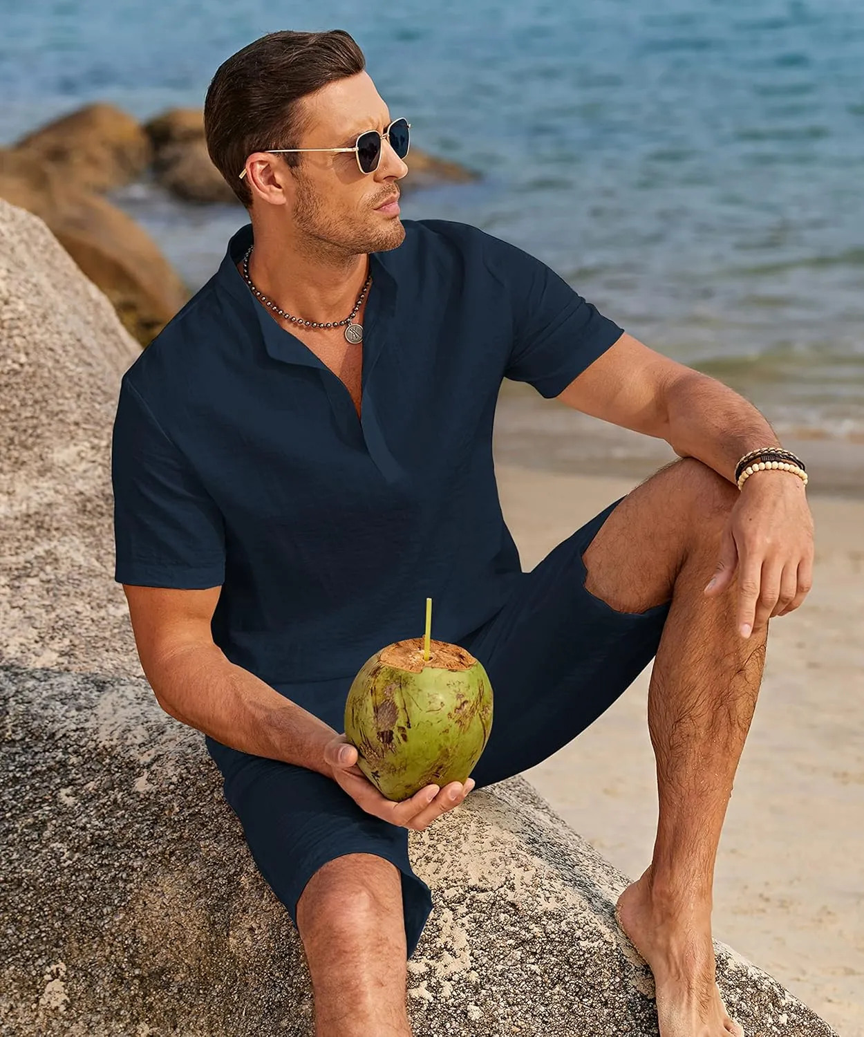COOFANDY Men's 2 Pieces Linen Set Casual Henley Shirts Short Sleeve Beach Yoga Shorts Summer Pants Outfits