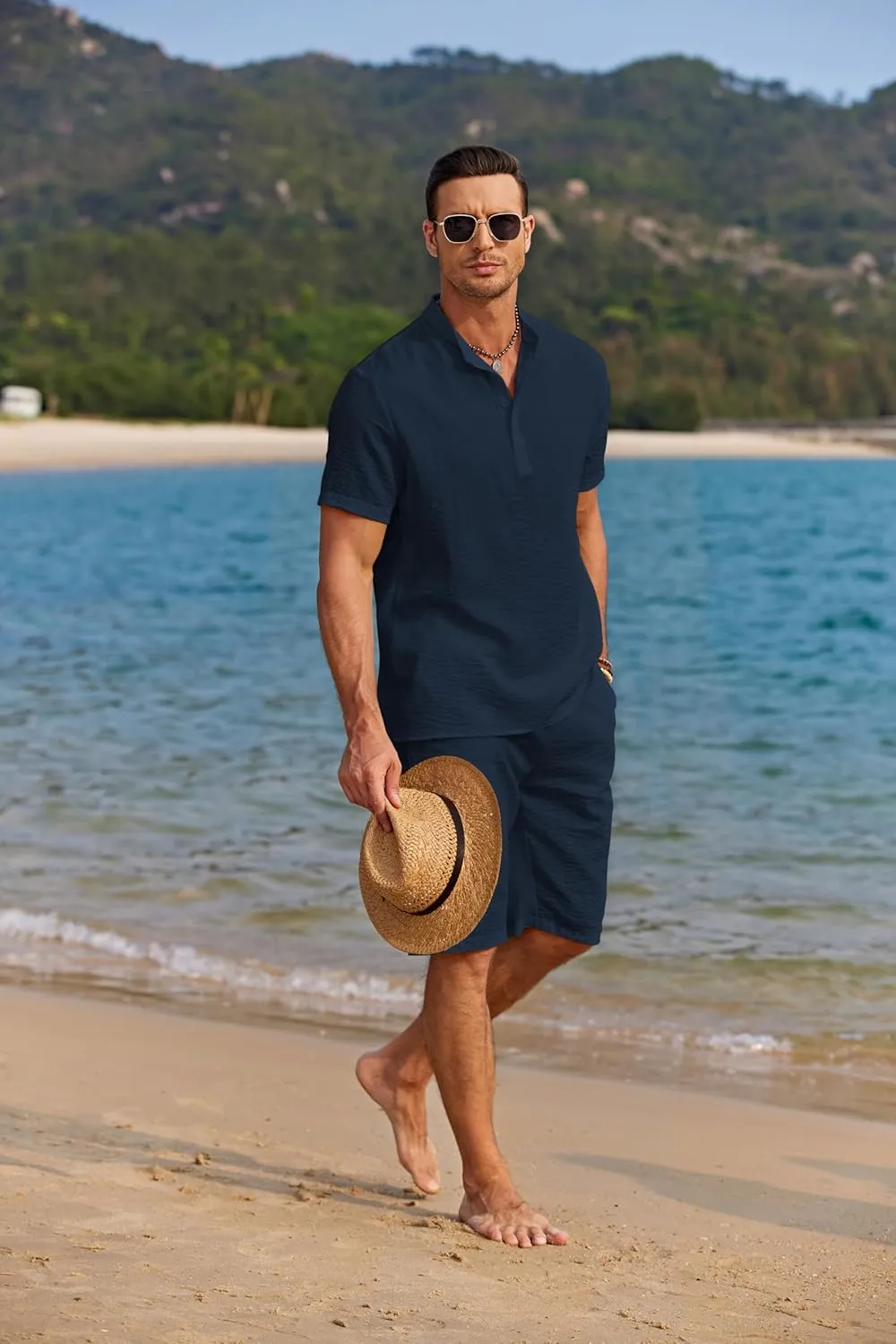 COOFANDY Men's 2 Pieces Linen Set Casual Henley Shirts Short Sleeve Beach Yoga Shorts Summer Pants Outfits