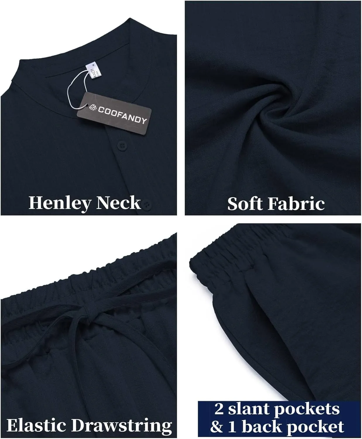 COOFANDY Men's 2 Pieces Linen Set Casual Henley Shirts Short Sleeve Beach Yoga Shorts Summer Pants Outfits