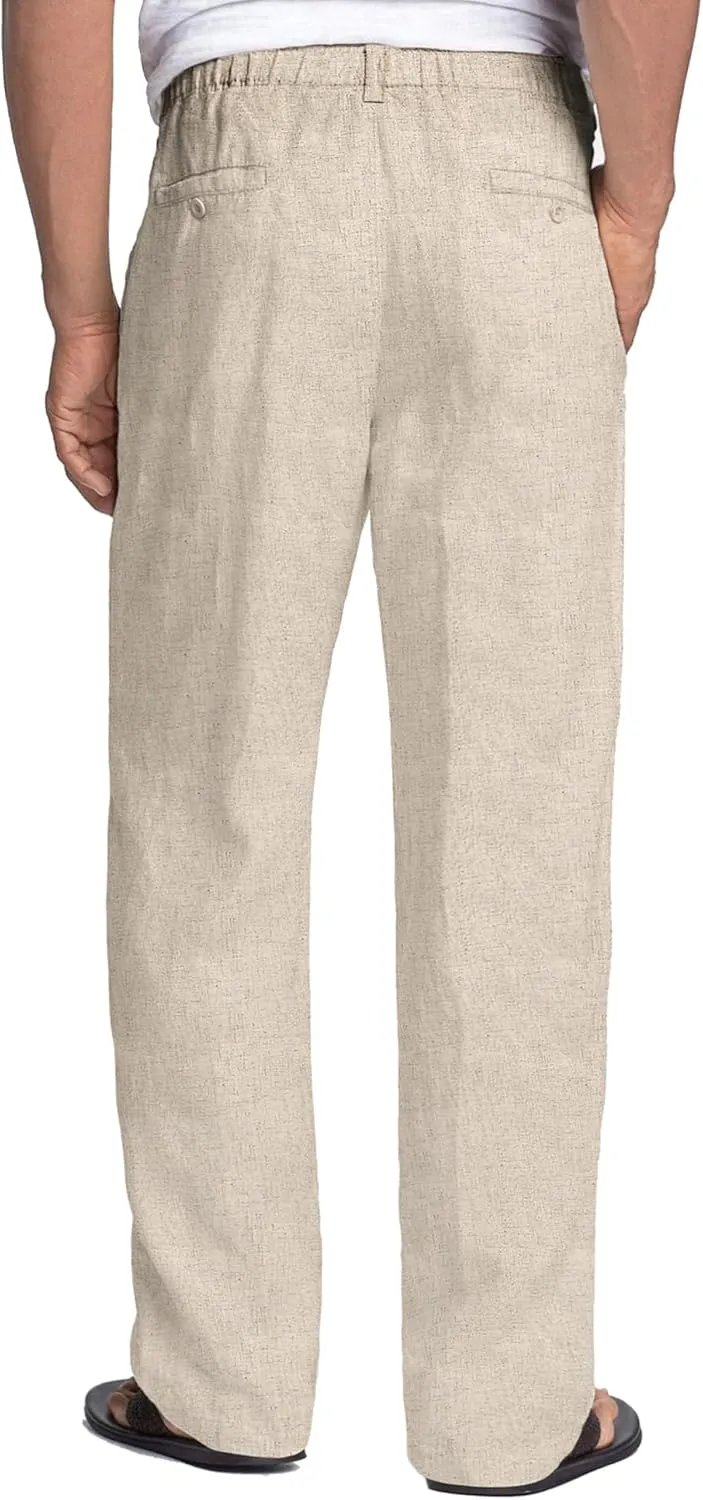COOFANDY Men's Casual Linen Pants Elastic Waist Drawstring Beach Summer Pants Lightweight Linen Trousers