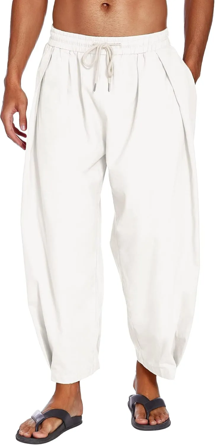 COOFANDY Men's Cotton Linen Harem Pants Drawstring Casual Cropped Trousers Lightweight Loose Beach Yoga Pants with Pockets