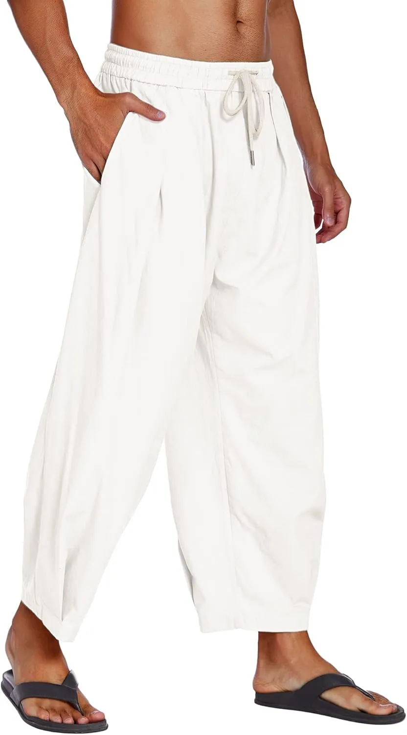COOFANDY Men's Cotton Linen Harem Pants Drawstring Casual Cropped Trousers Lightweight Loose Beach Yoga Pants with Pockets