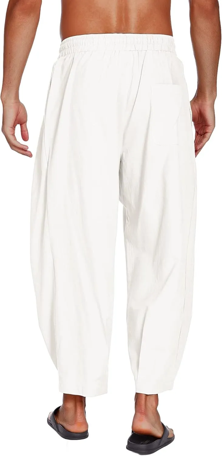 COOFANDY Men's Cotton Linen Harem Pants Drawstring Casual Cropped Trousers Lightweight Loose Beach Yoga Pants with Pockets