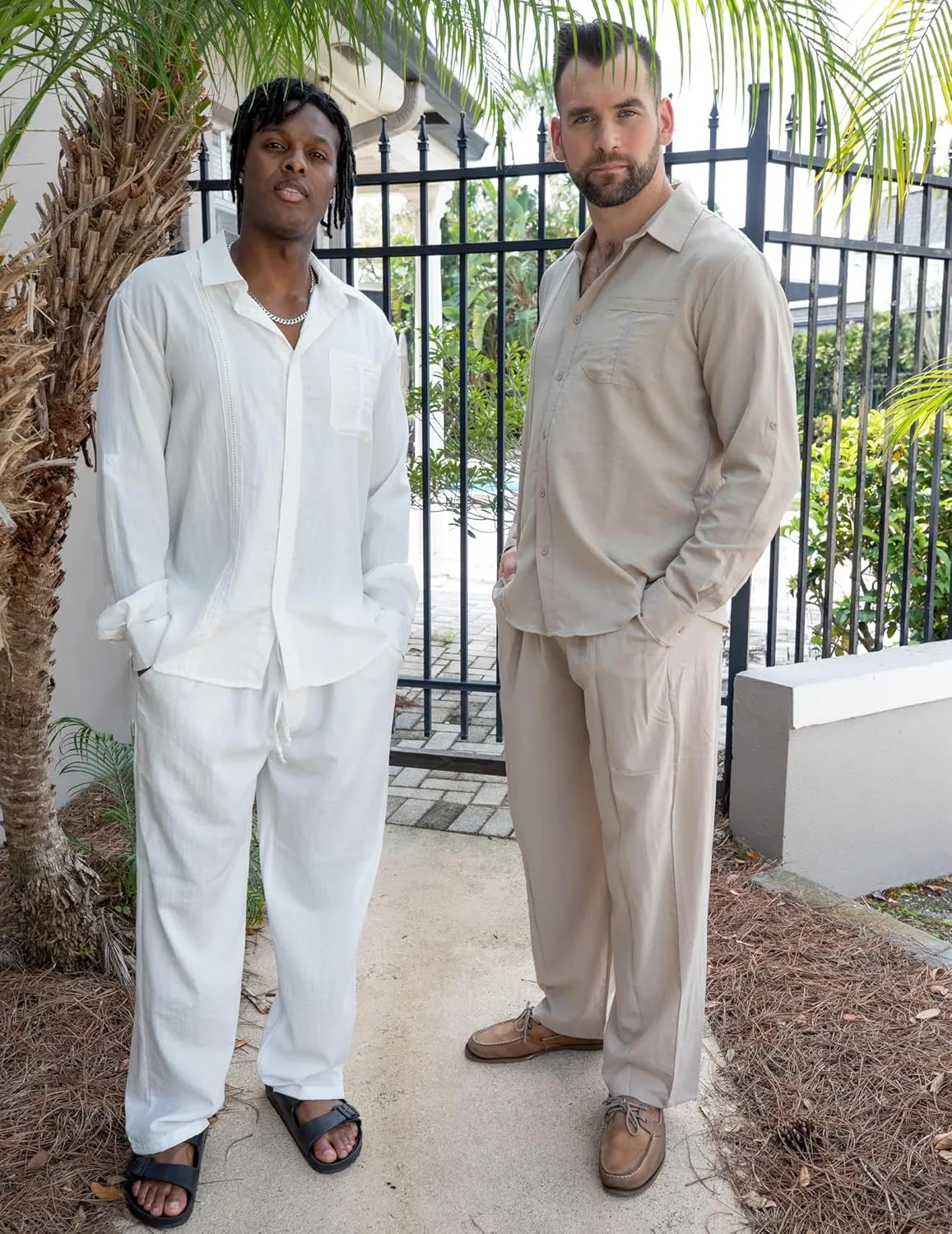 COOFANDY Mens Linen Sets 2 Piece Long Sleeve Button Down Cuban Shirt and Pants Set Summer Beach Set Outfits