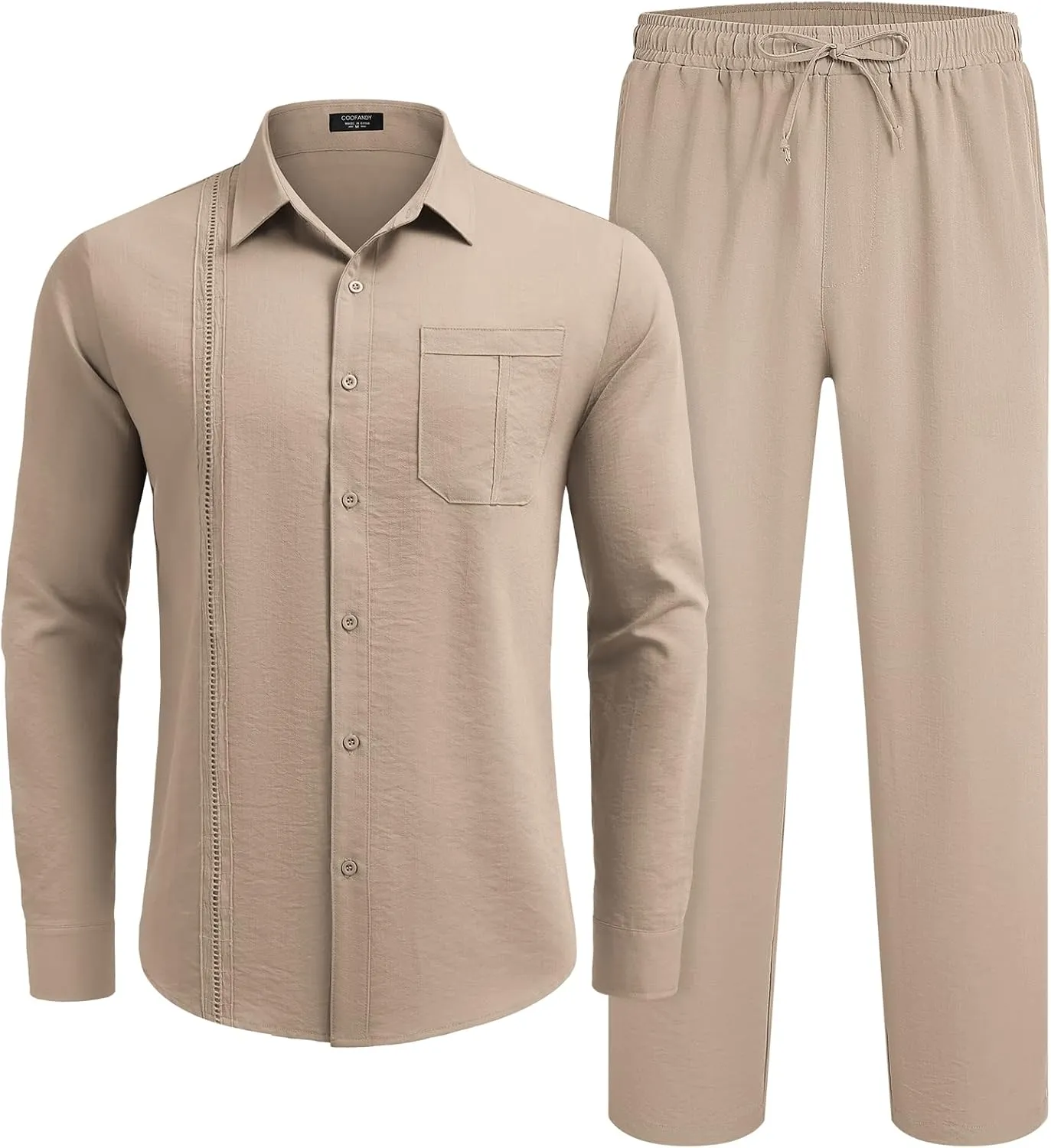 COOFANDY Mens Linen Sets 2 Piece Long Sleeve Button Down Cuban Shirt and Pants Set Summer Beach Set Outfits