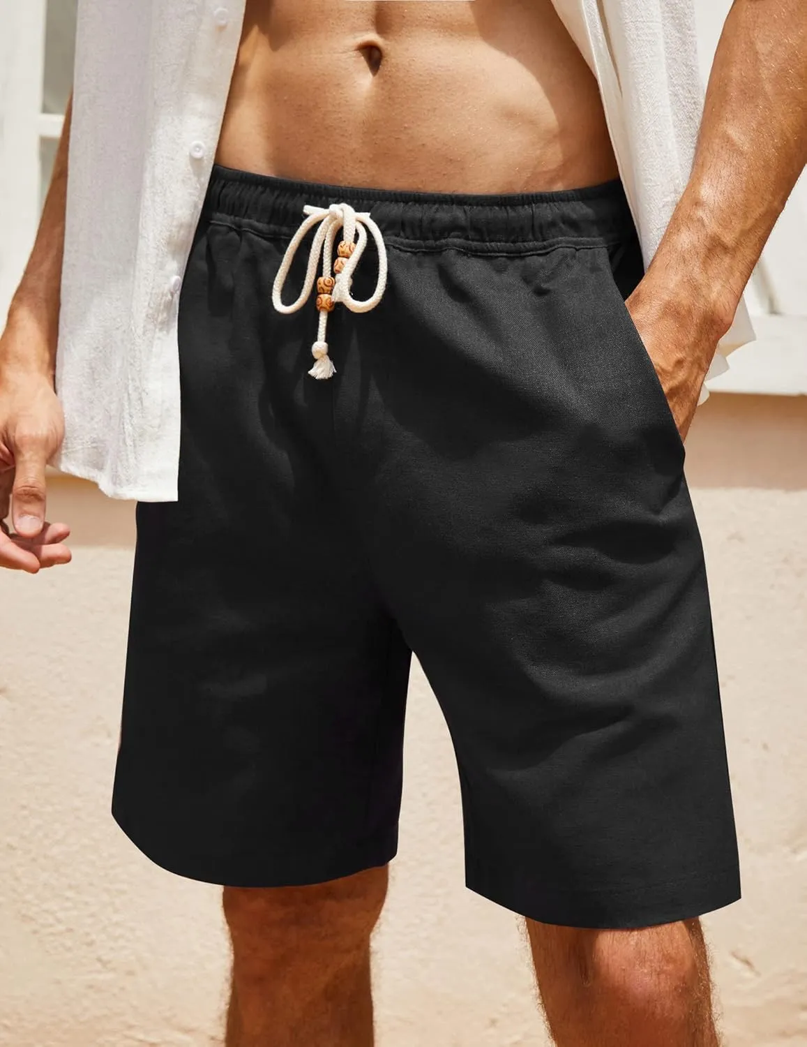 COOFANDY Men's Linen Shorts Casual Elastic Waist Drawstring Summer Beach Shorts