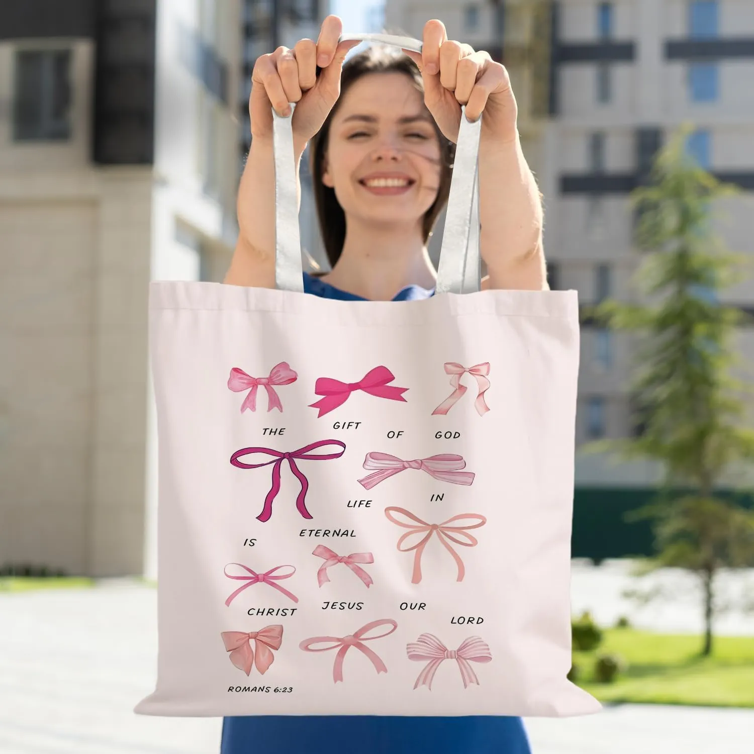 Coquette Pink Bow Canvas Tote Bag for Women, I'm Just a Girl Girly Preppy Tote Bag