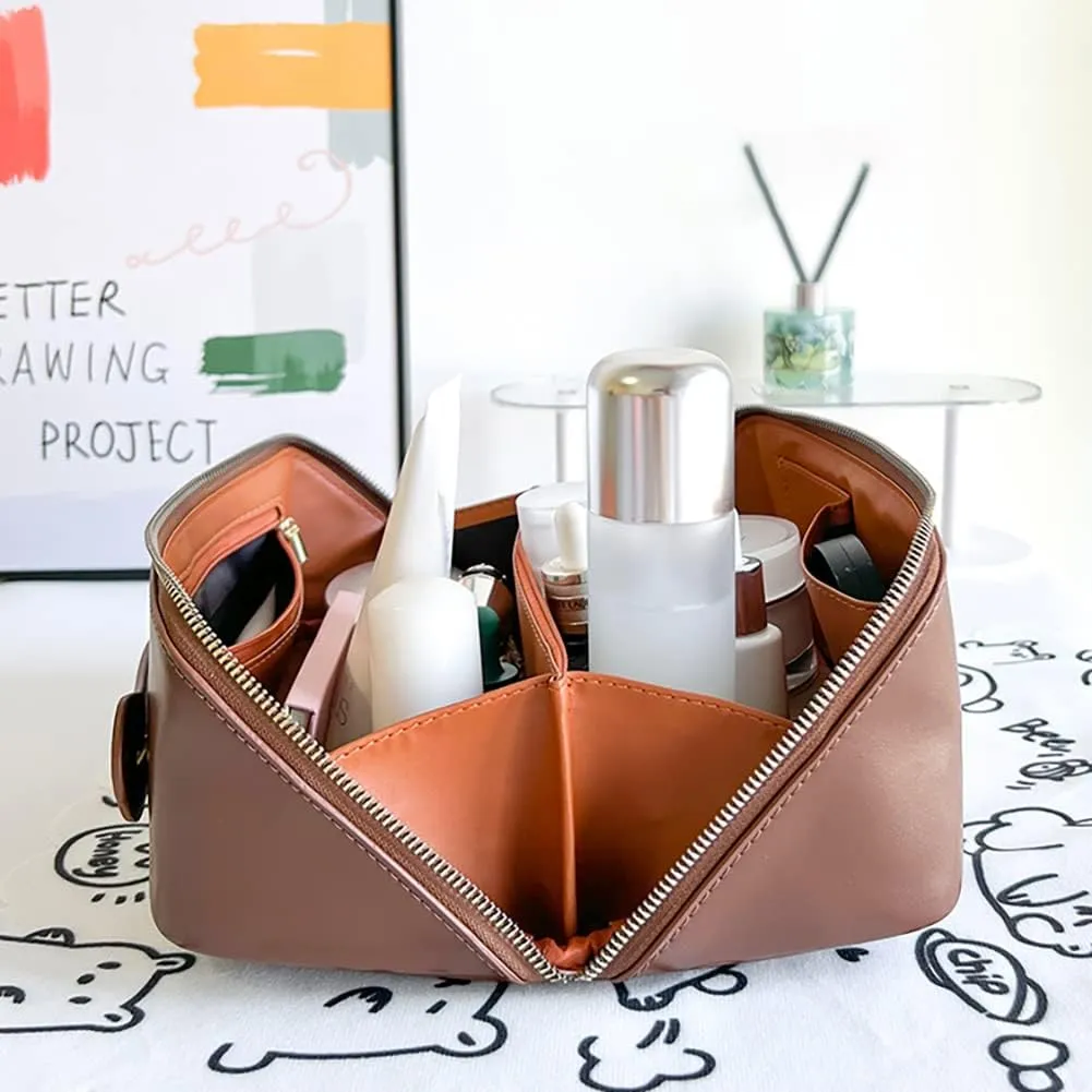 Cosmetic Bags Travel Makeup Bag for Women, Large Wide-open Waterproof Portable PU Leather Makeup Organizer Storage Toiletry Bag
