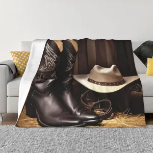 Cowboy Black Hat Western Boots Blankets for Couch Soft Fleece Throw Blanket Luxury Flannel Lap Blanket Gifts Lightweight Air Conditioning Blankets Fuzzy Cozy Throws for All Seasons